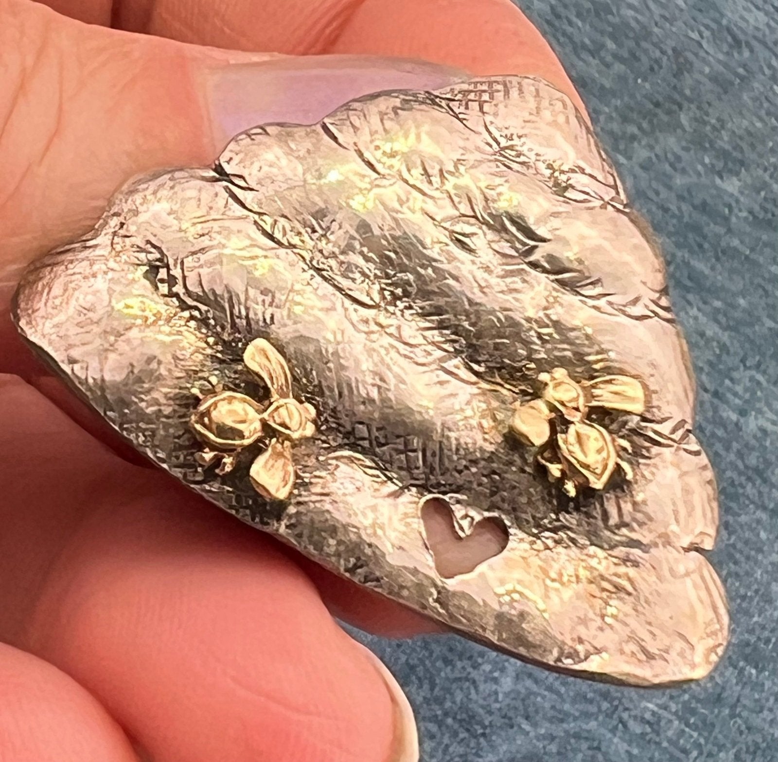 14k Gold Honey Bees on 925 Silver Bee Hive Pendant. 2" + 9g