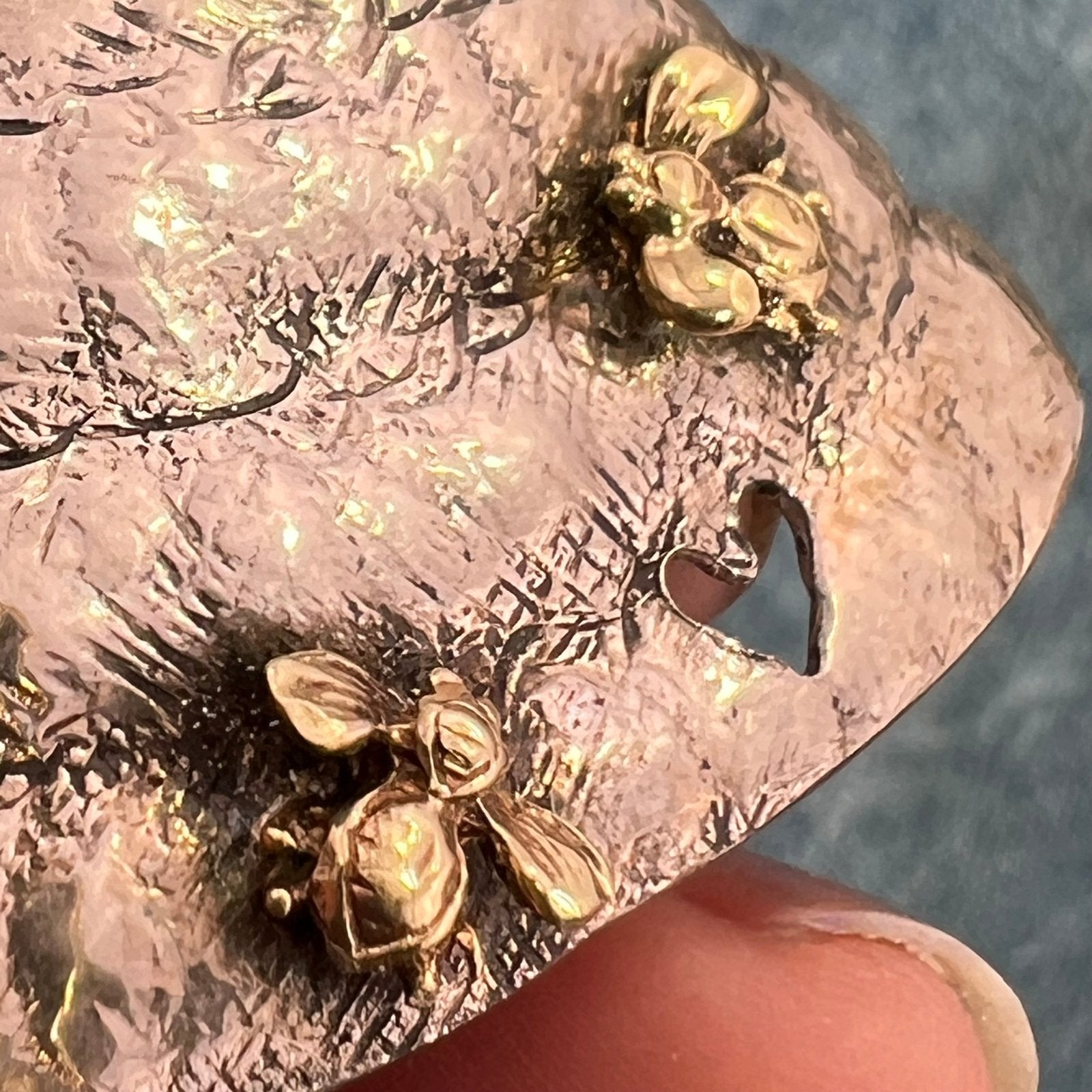 14k Gold Honey Bees on 925 Silver Bee Hive Pendant. 2" + 9g