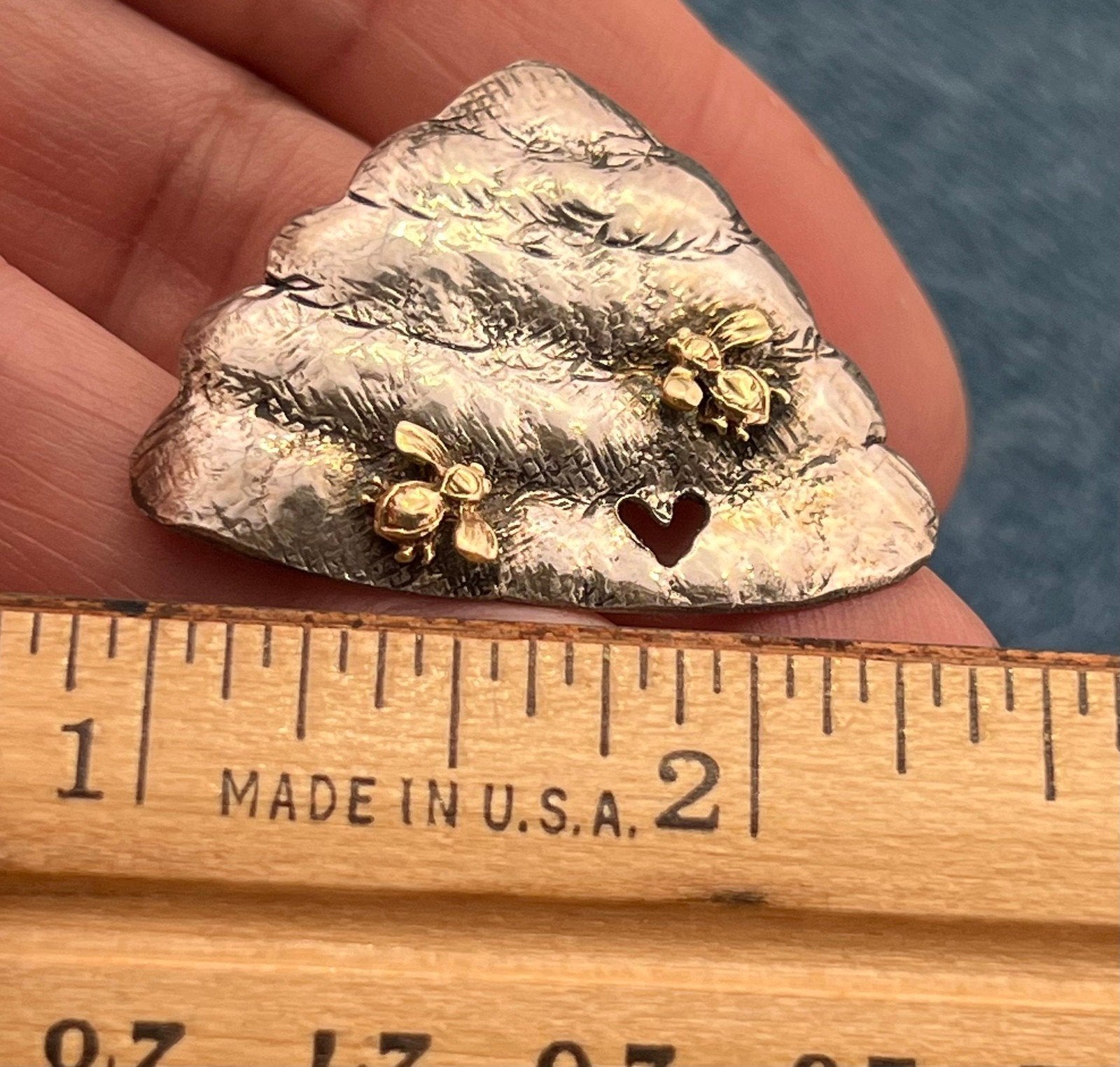 14k Gold Honey Bees on 925 Silver Bee Hive Pendant. 2" + 9g