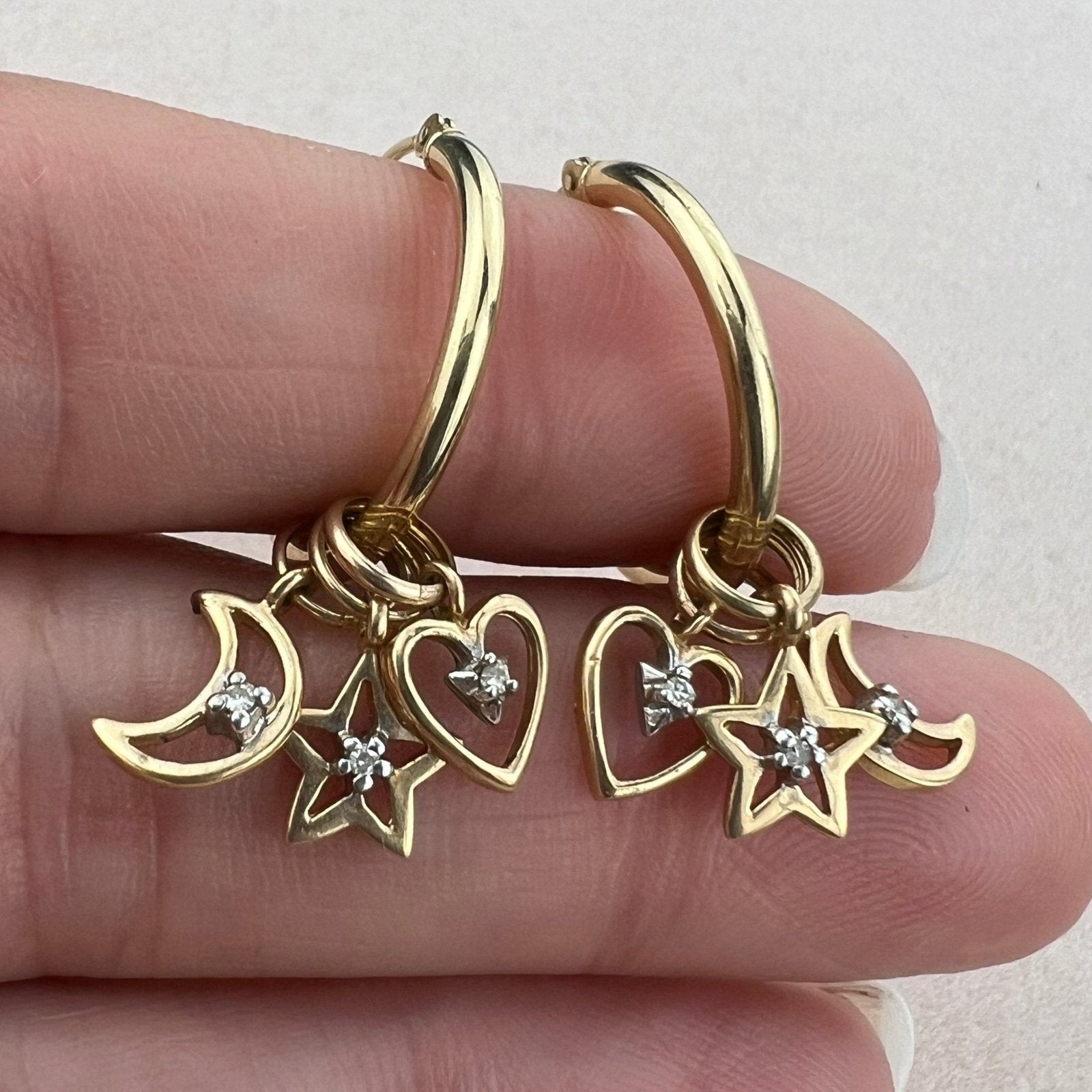 14k Gold Hoop Earrings w Interchangeable Diamond Moons Stars Hearts