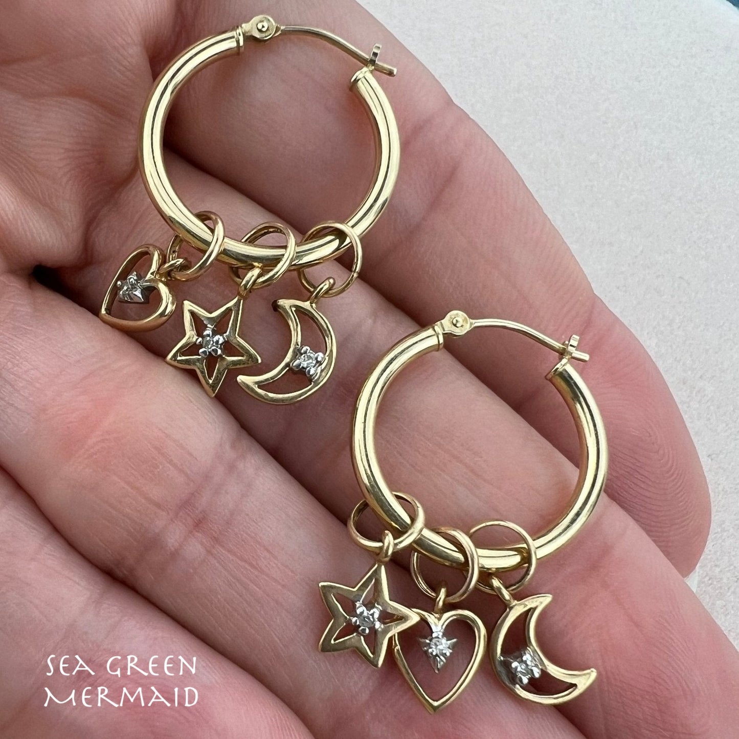 14k Gold Hoop Earrings w Interchangeable Diamond Moons Stars Hearts