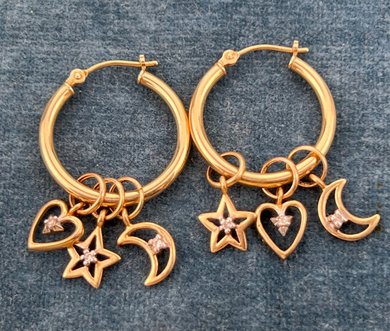 14k Gold Hoop Earrings w Interchangeable Diamond Moons Stars Hearts