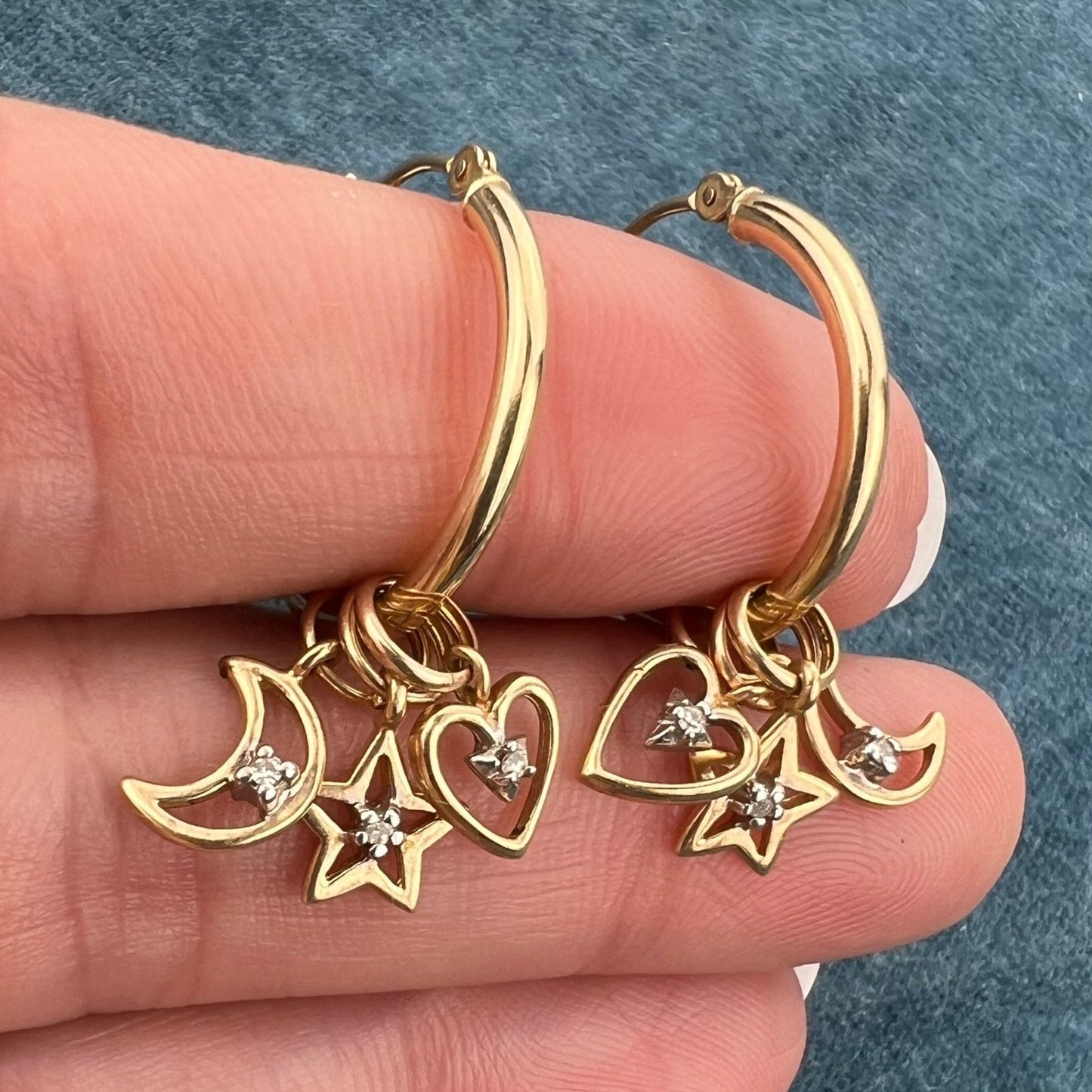 14k Gold Hoop Earrings w Interchangeable Diamond Moons Stars Hearts