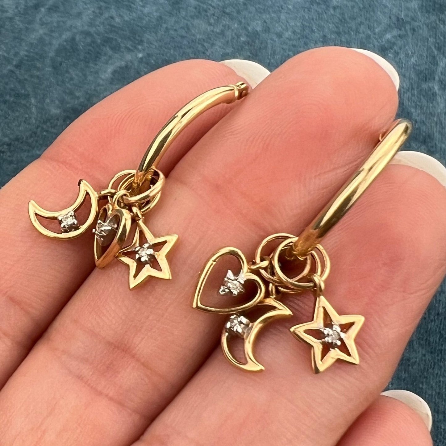 14k Gold Hoop Earrings w Interchangeable Diamond Moons Stars Hearts