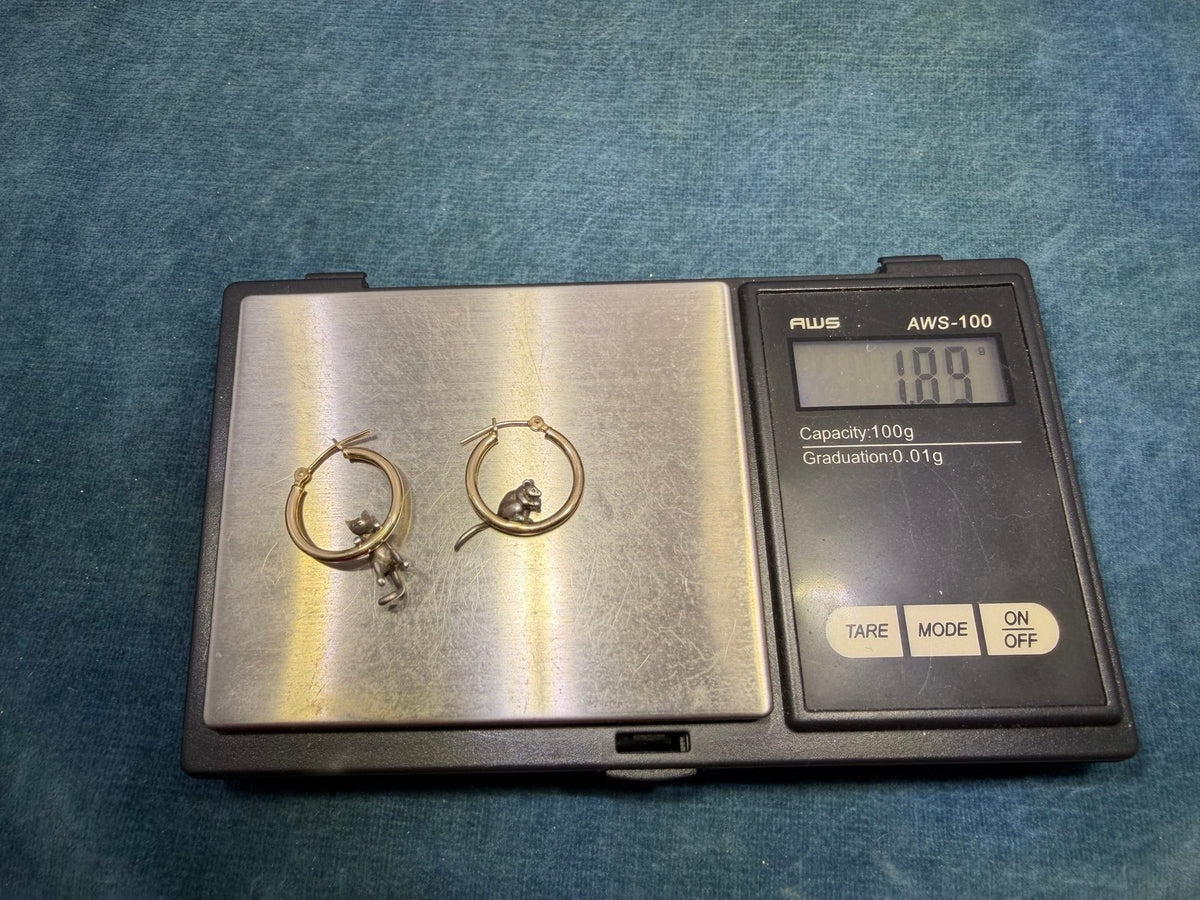 14k Gold Hoop Earrings w Silver Cat + Mouse. Designer Peter Brams