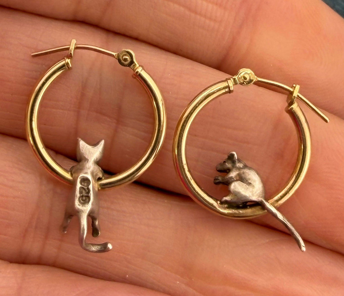 14k Gold Hoop Earrings w Silver Cat + Mouse. Designer Peter Brams