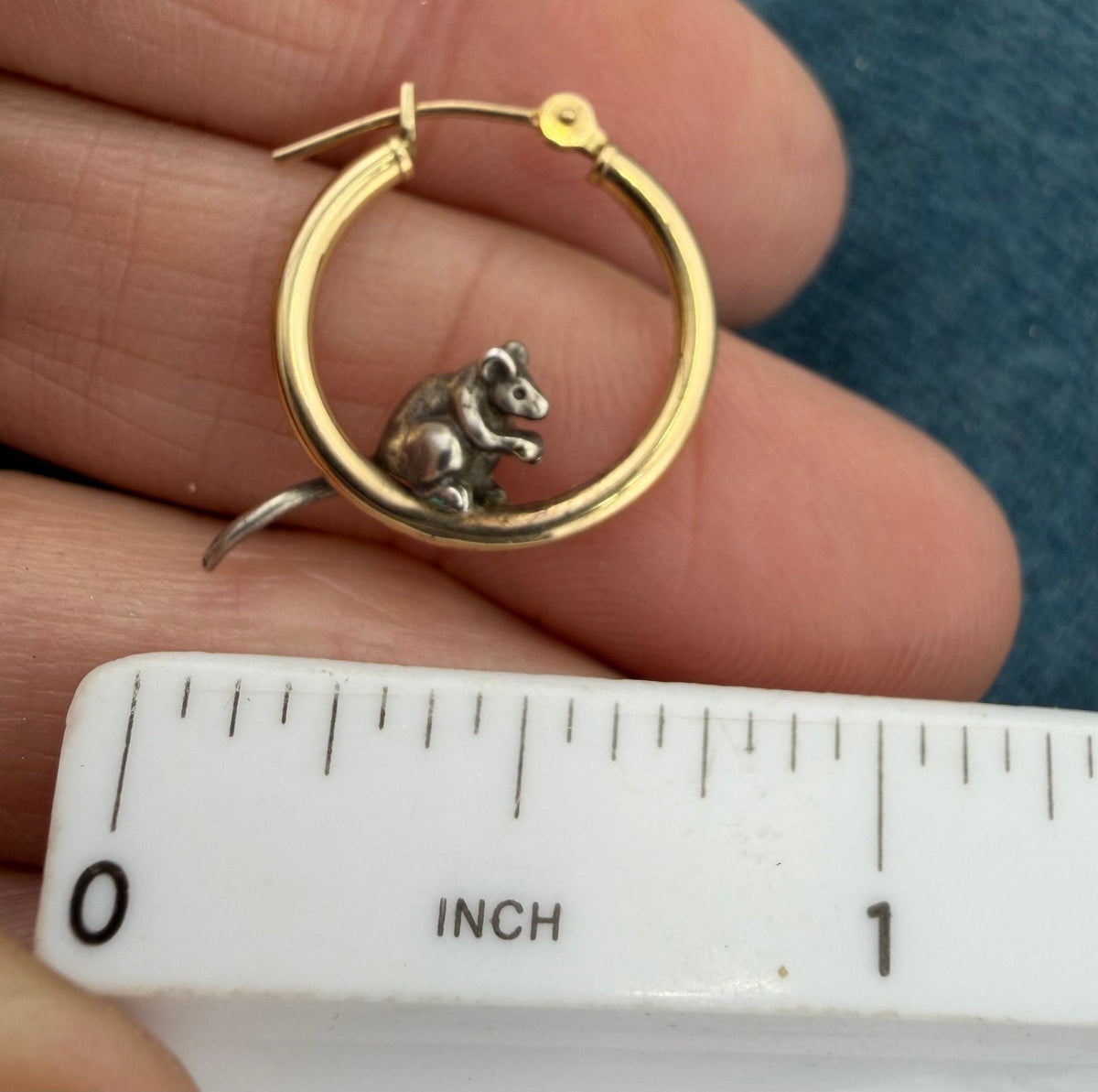 14k Gold Hoop Earrings w Silver Cat + Mouse. Designer Peter Brams