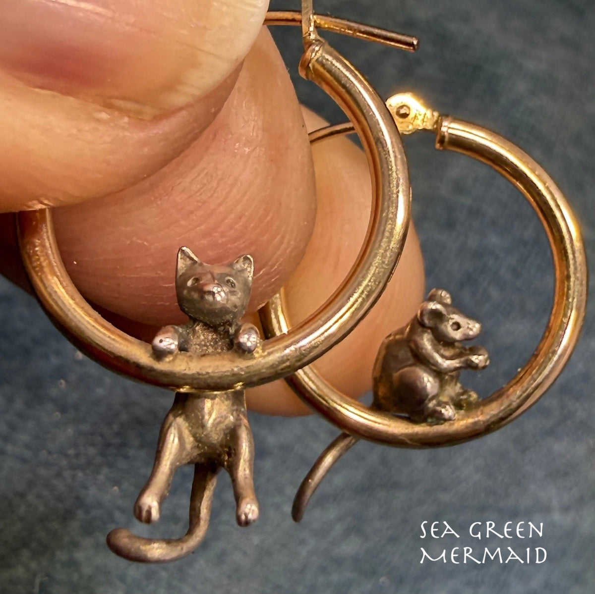 14k Gold Hoop Earrings w Silver Cat + Mouse. Designer Peter Brams