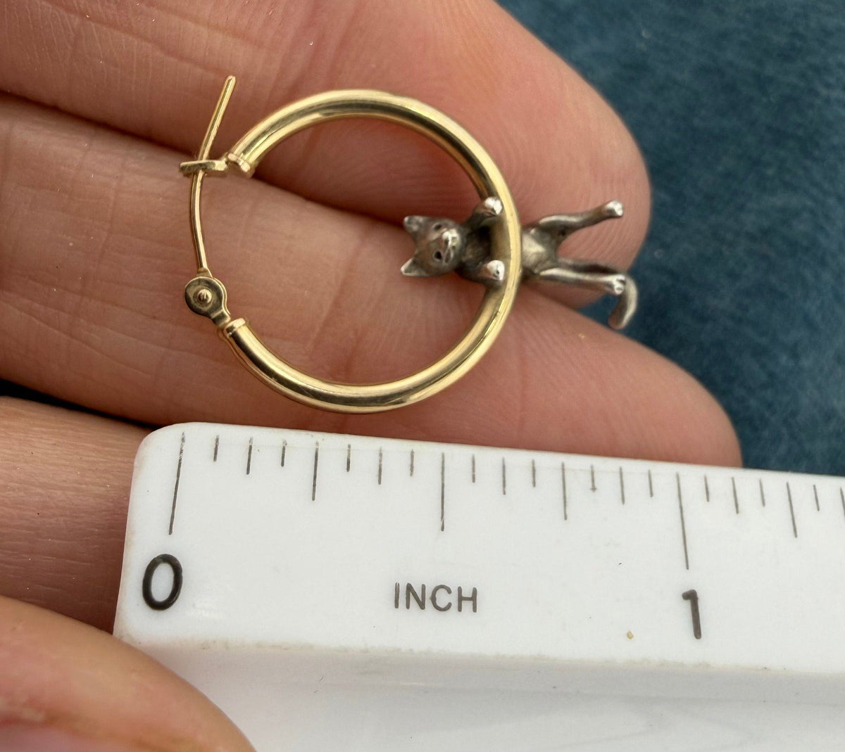 14k Gold Hoop Earrings w Silver Cat + Mouse. Designer Peter Brams