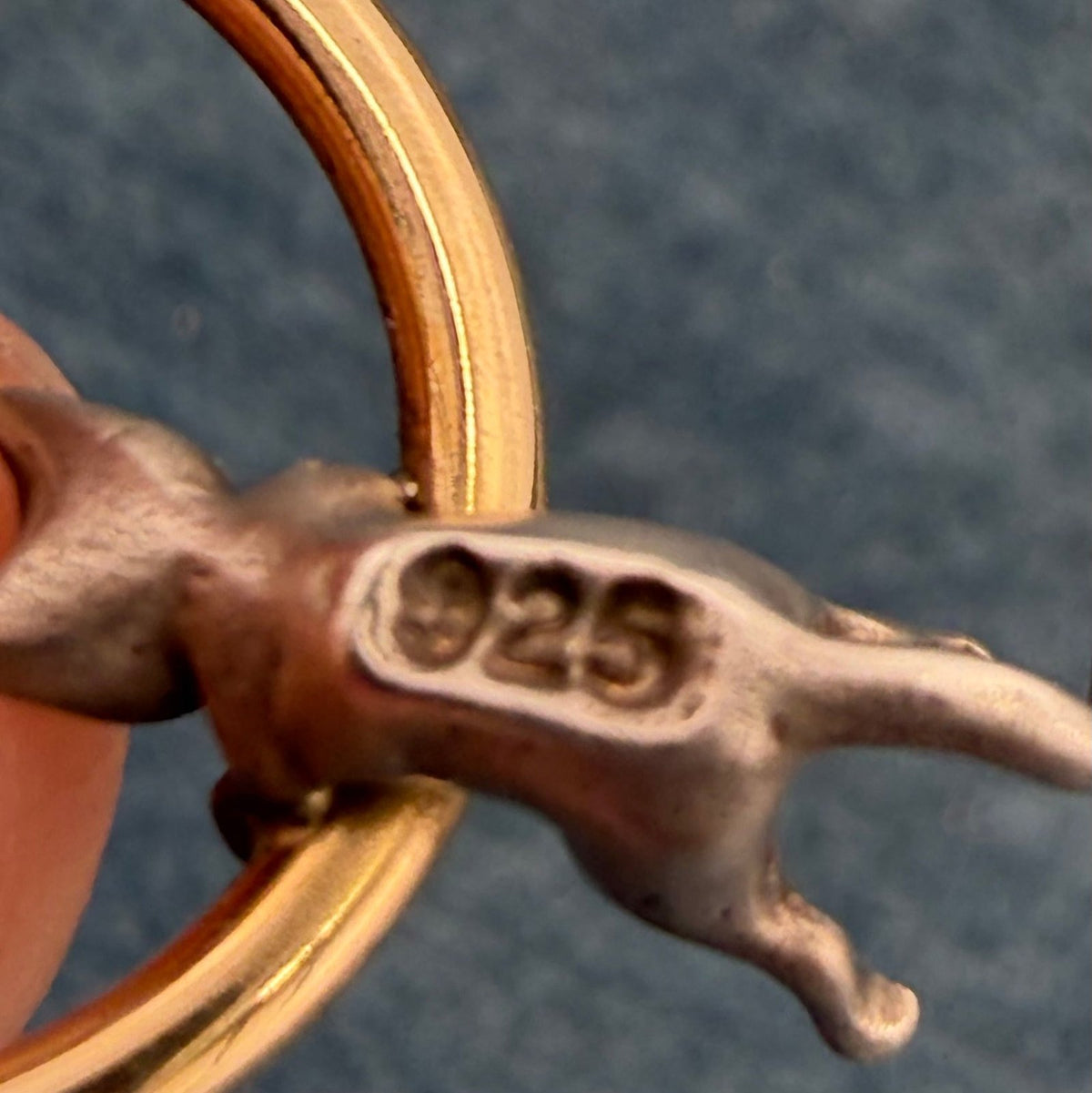14k Gold Hoop Earrings w Silver Cat + Mouse. Designer Peter Brams