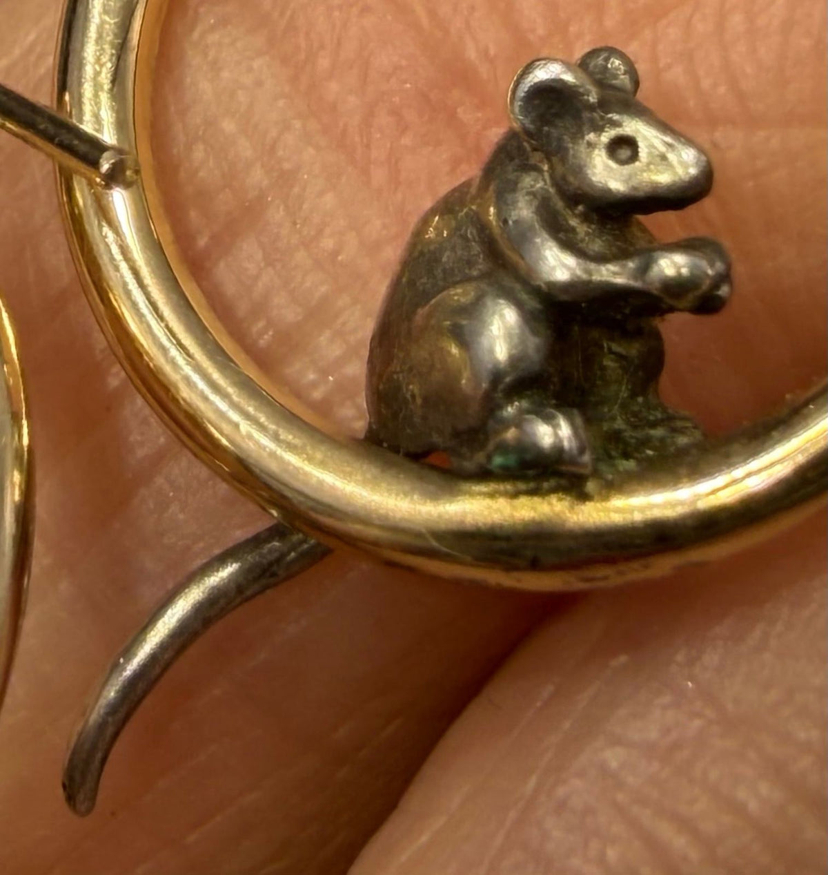 14k Gold Hoop Earrings w Silver Cat + Mouse. Designer Peter Brams