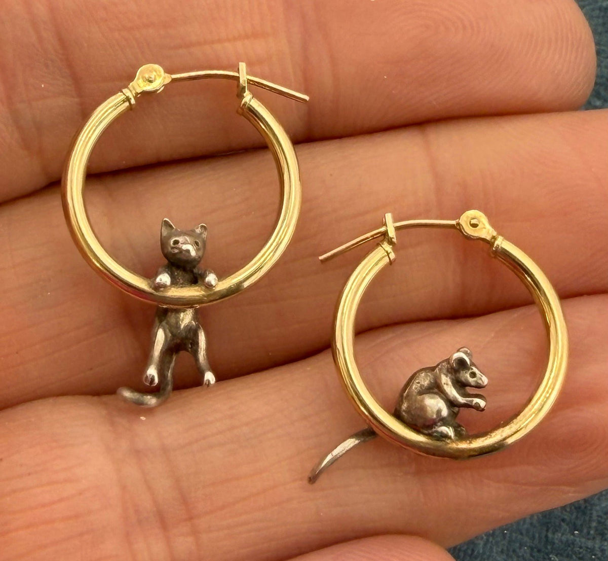 14k Gold Hoop Earrings w Silver Cat + Mouse. Designer Peter Brams