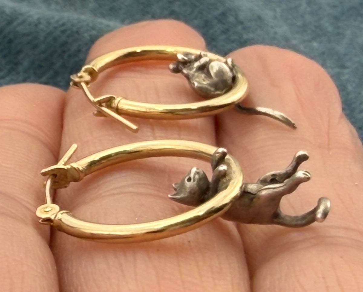 14k Gold Hoop Earrings w Silver Cat + Mouse. Designer Peter Brams