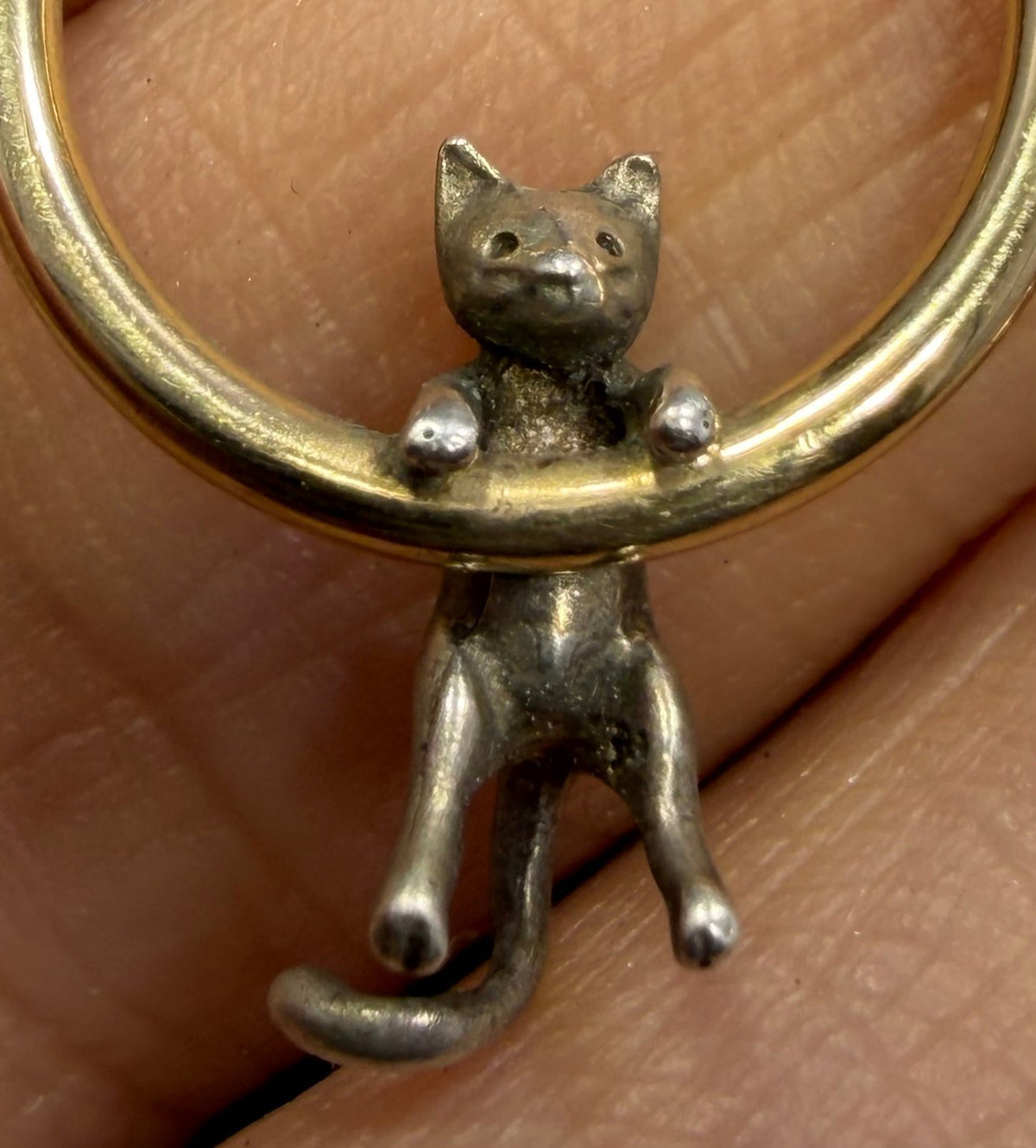 14k Gold Hoop Earrings w Silver Cat + Mouse. Designer Peter Brams