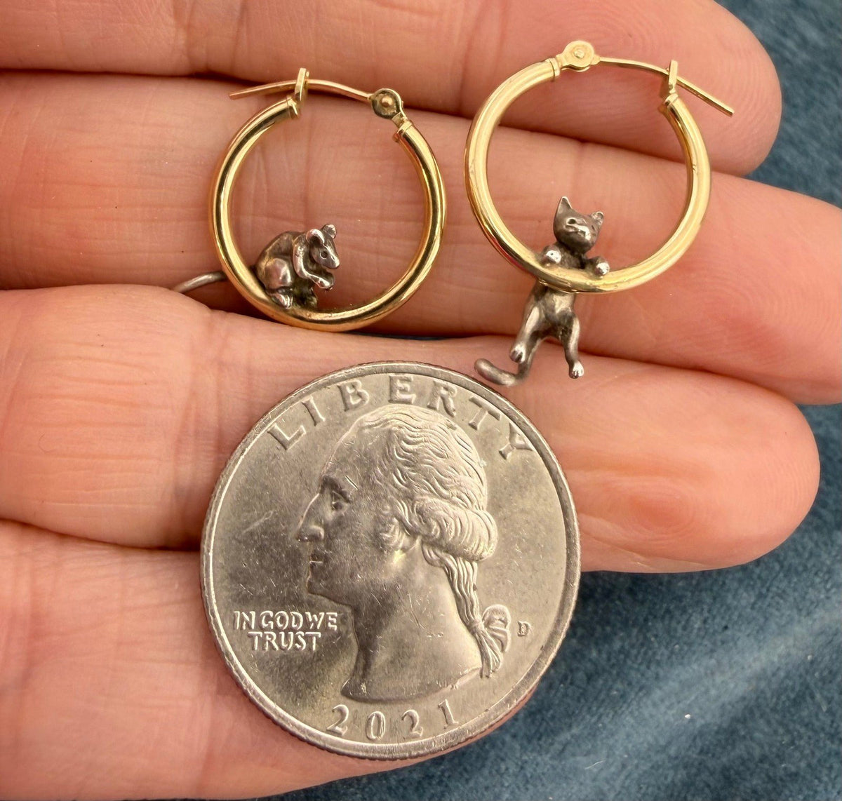 14k Gold Hoop Earrings w Silver Cat + Mouse. Designer Peter Brams