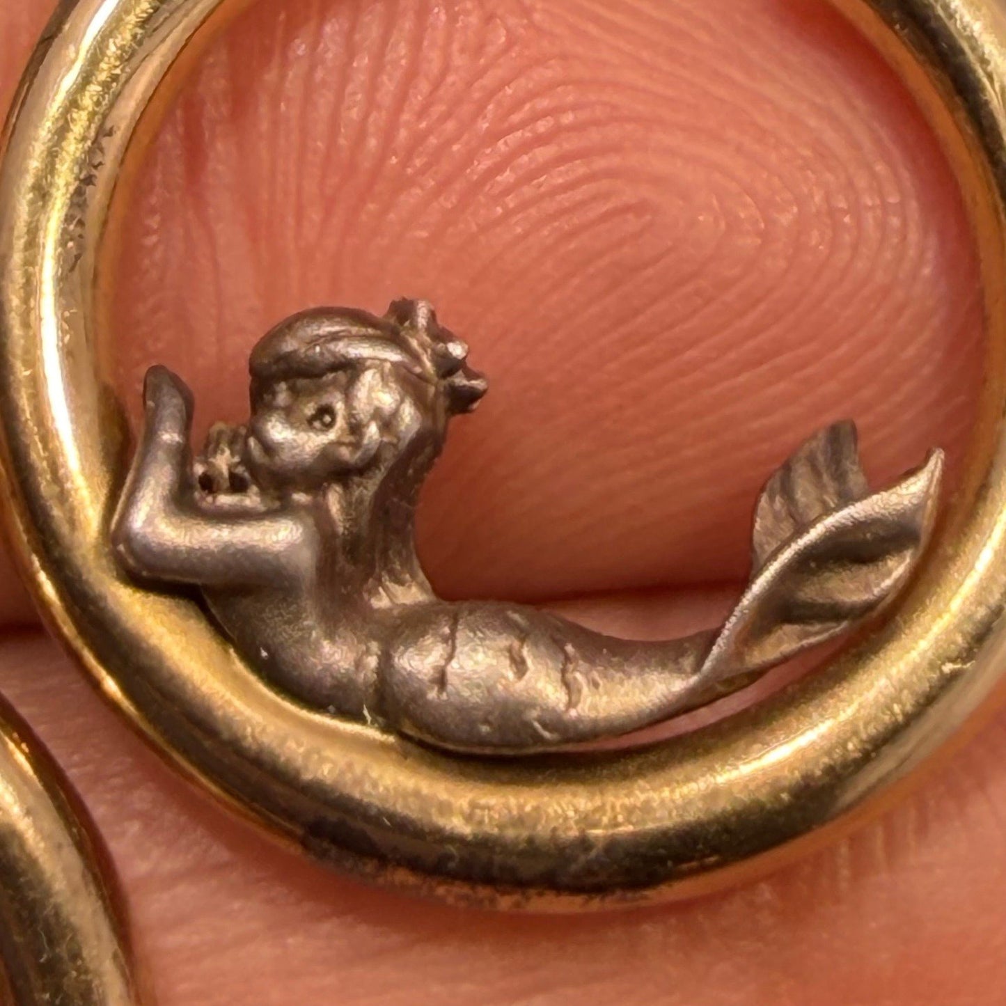 14k Gold Hoop Earrings w Silver Mermaids. Designer Peter Brams