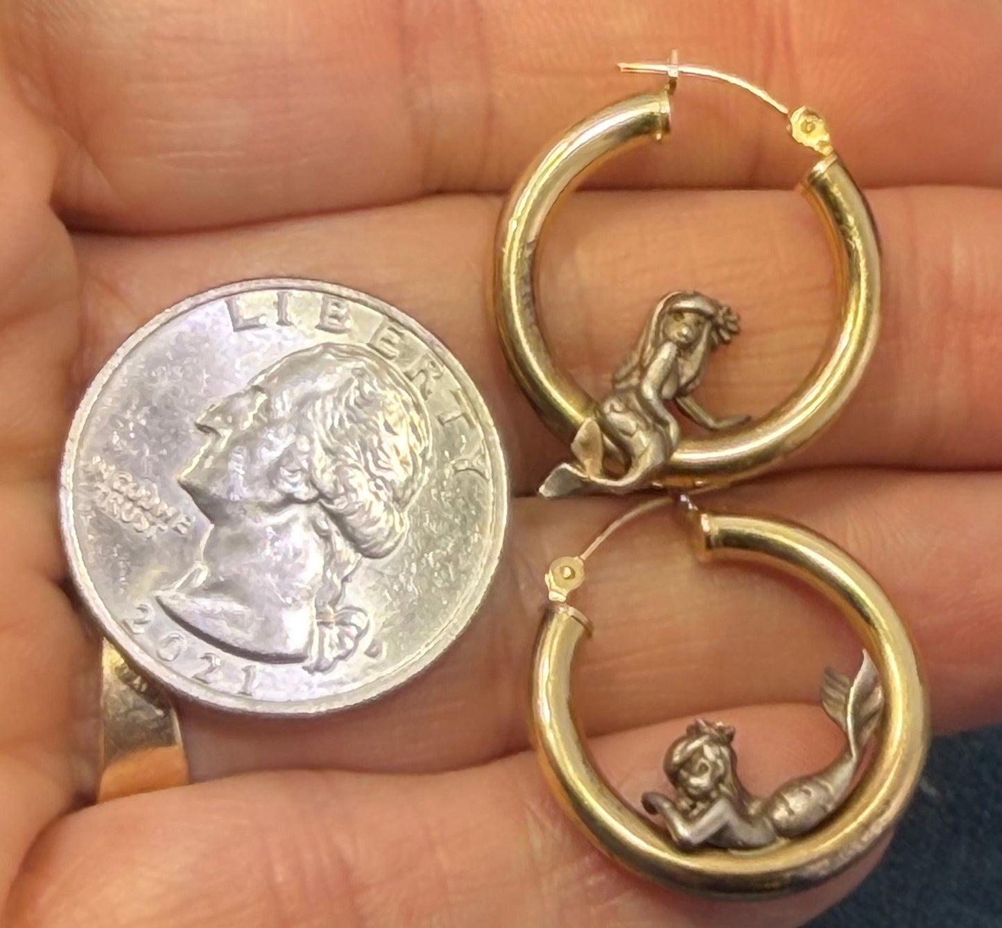 14k Gold Hoop Earrings w Silver Mermaids. Designer Peter Brams