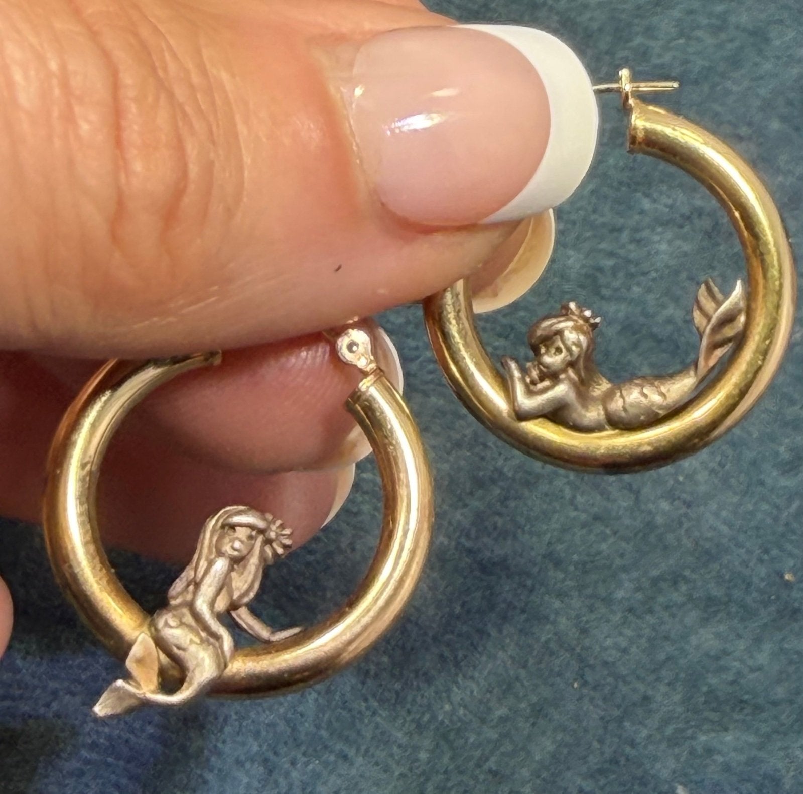 14k Gold Hoop Earrings w Silver Mermaids. Designer Peter Brams
