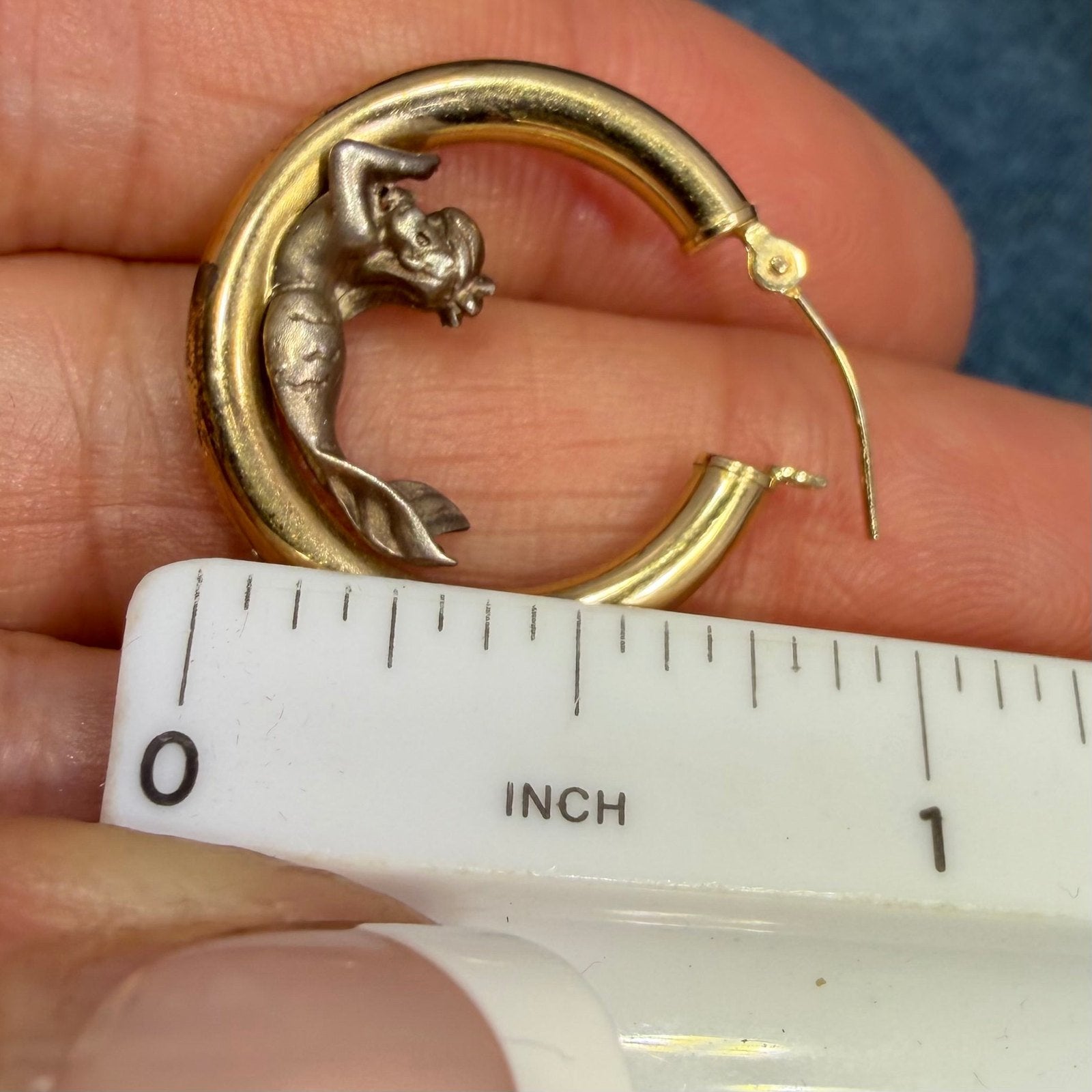 14k Gold Hoop Earrings w Silver Mermaids. Designer Peter Brams