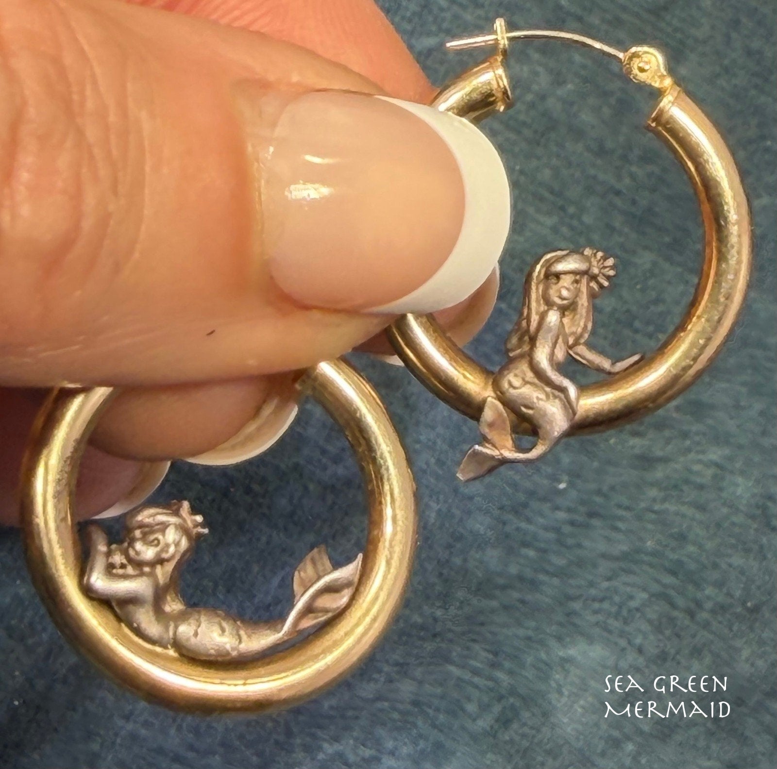 14k Gold Hoop Earrings w Silver Mermaids. Designer Peter Brams