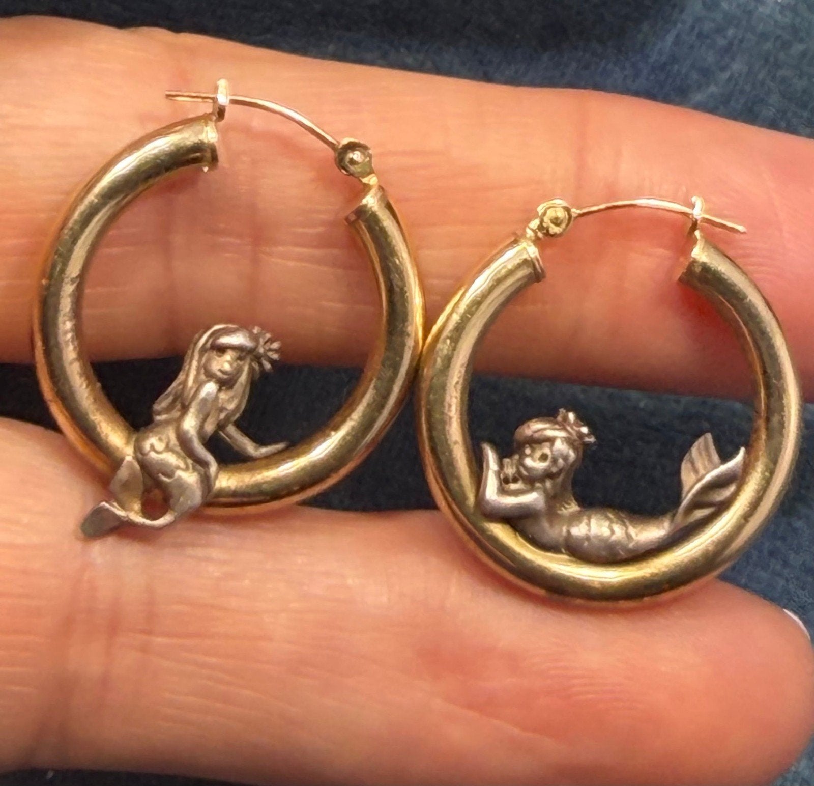 14k Gold Hoop Earrings w Silver Mermaids. Designer Peter Brams