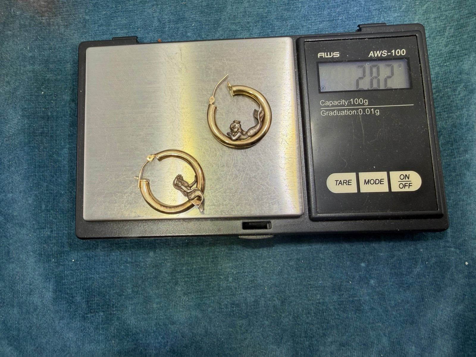 14k Gold Hoop Earrings w Silver Mermaids. Designer Peter Brams