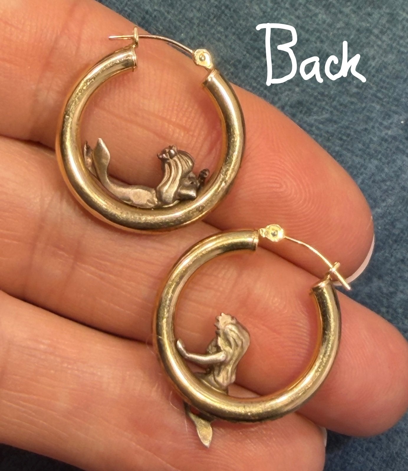 14k Gold Hoop Earrings w Silver Mermaids. Designer Peter Brams
