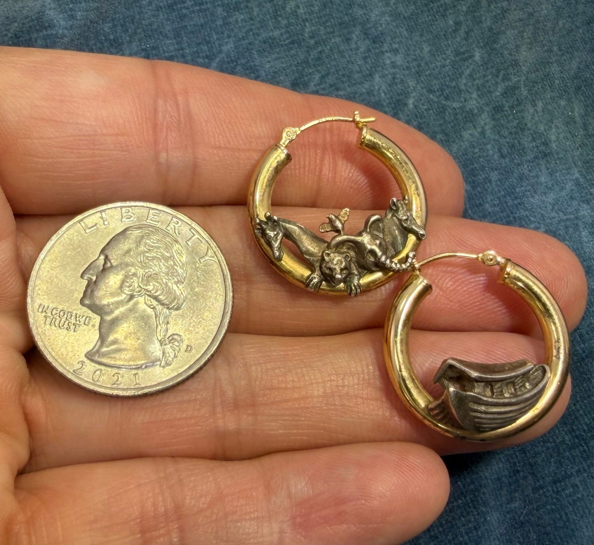 14k Gold Hoop Earrings w Silver Noah's Ark + Animals