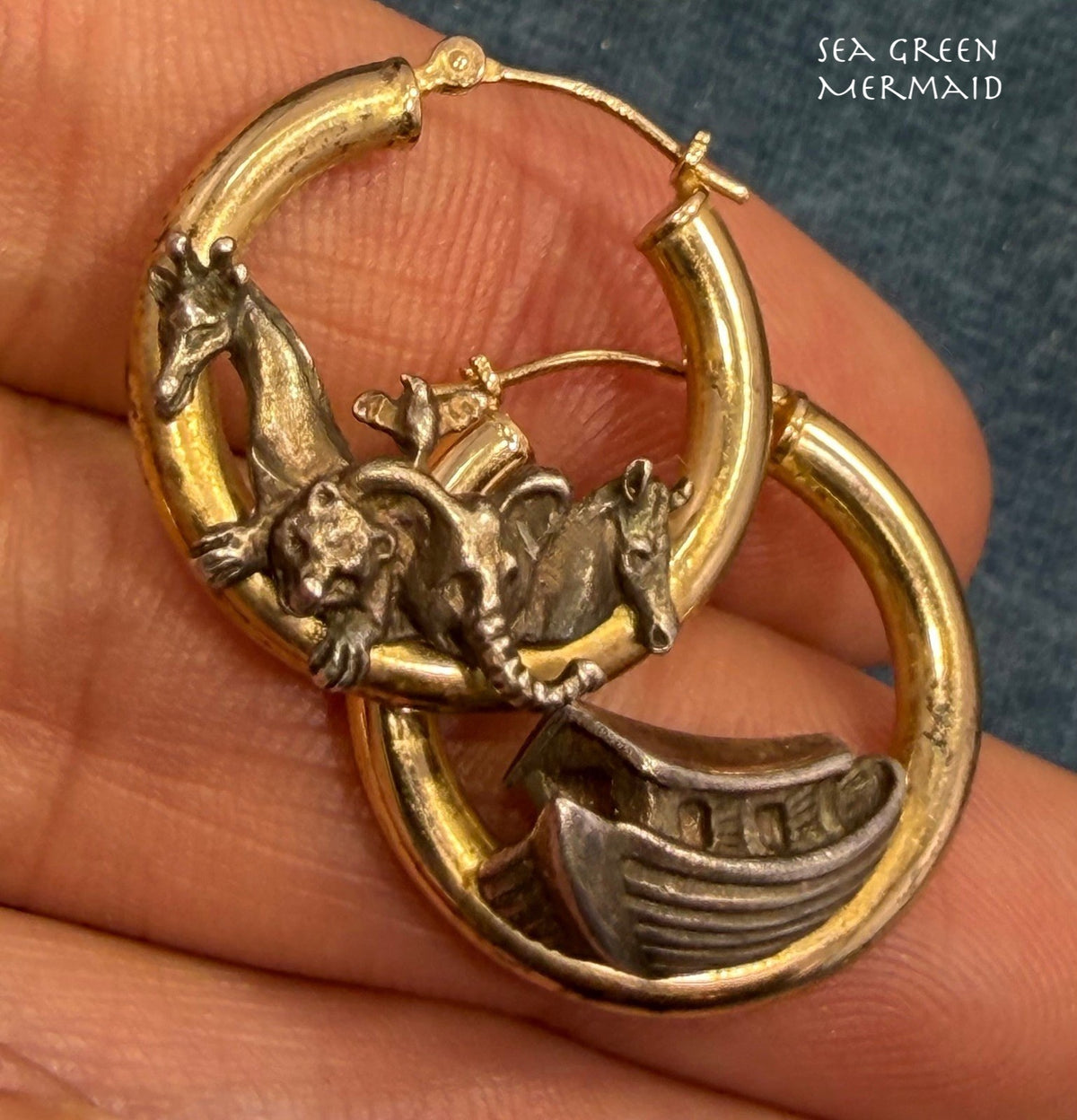 14k Gold Hoop Earrings w Silver Noah's Ark + Animals