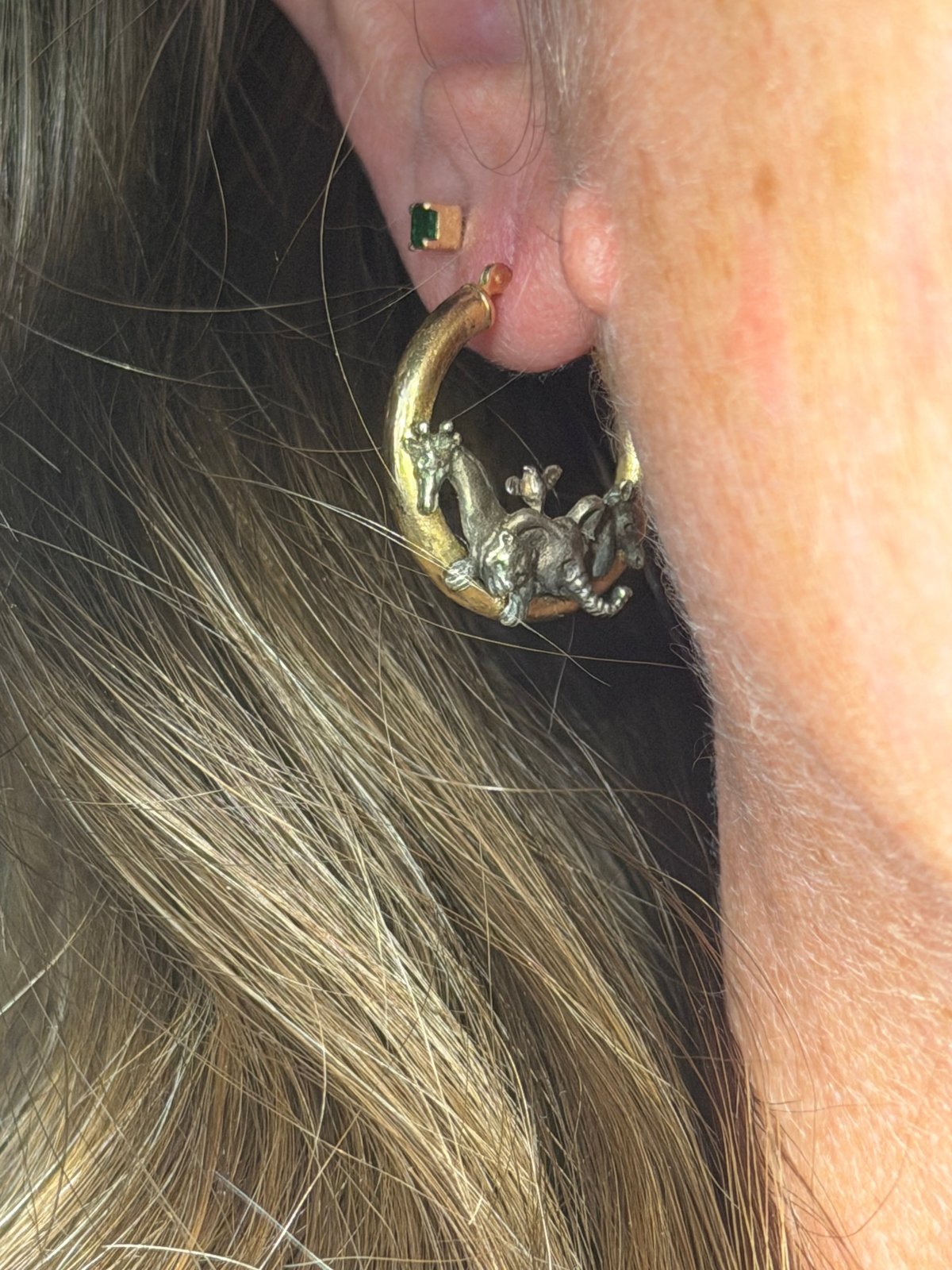14k Gold Hoop Earrings w Silver Noah's Ark + Animals