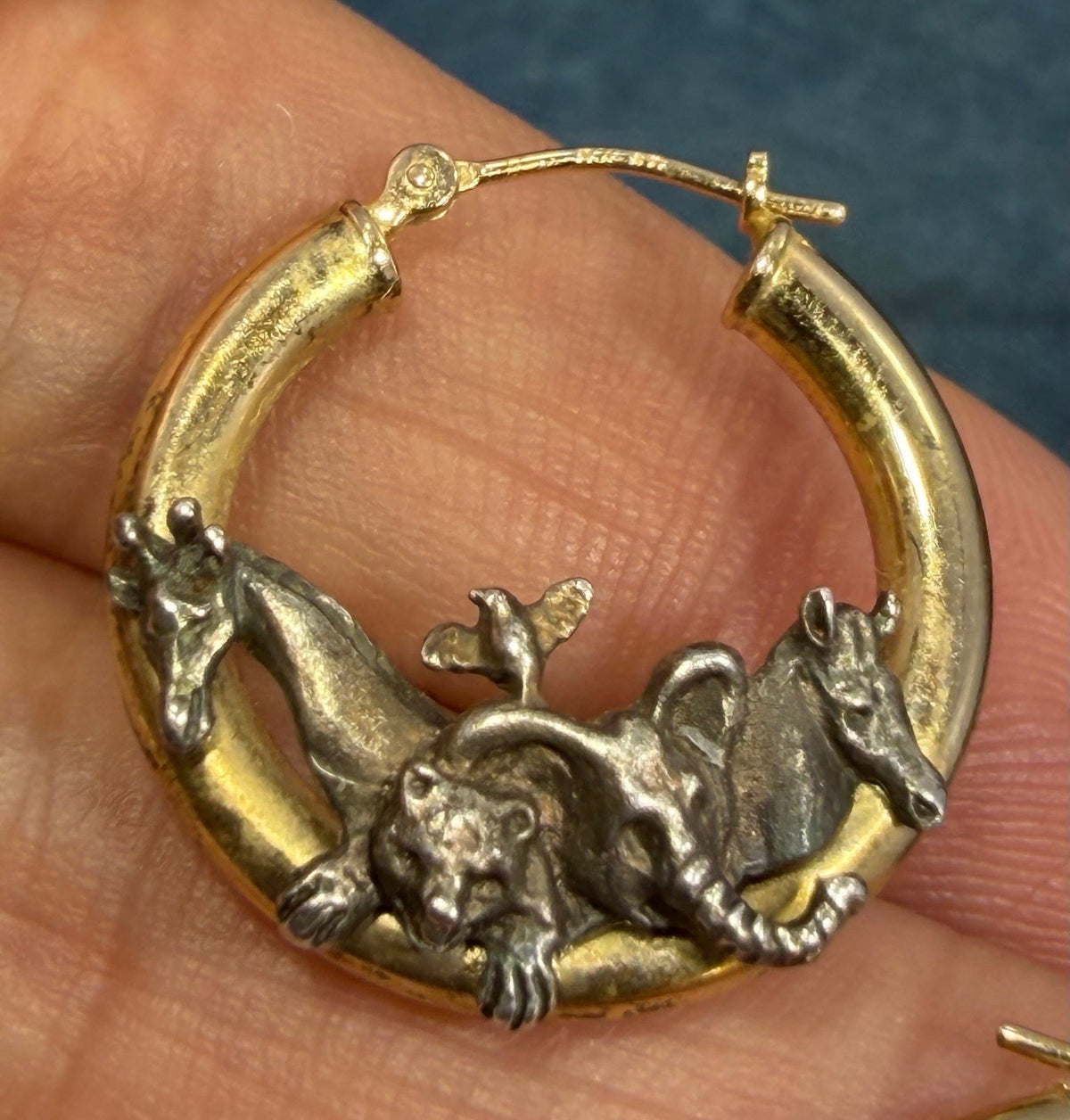14k Gold Hoop Earrings w Silver Noah's Ark + Animals