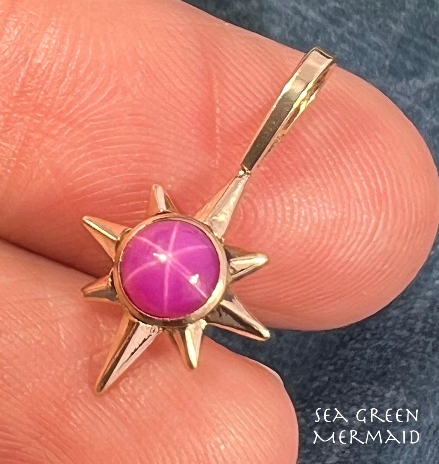 14k Gold Hot Pink Lindy Star Ruby North Star Pendant. 3/4" *Video*