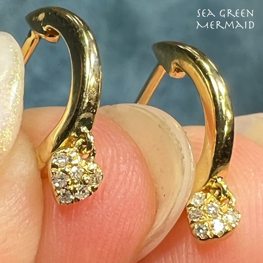 14k Gold Huggies Hoop Earrings w TINY Diamond Dangling Hearts