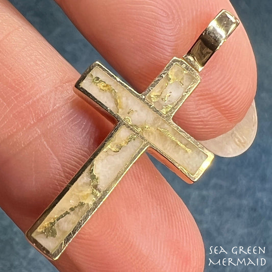 14k Gold Inlaid ALASKAN GOLD in QUARTZ Cross Pendant. 1.3"