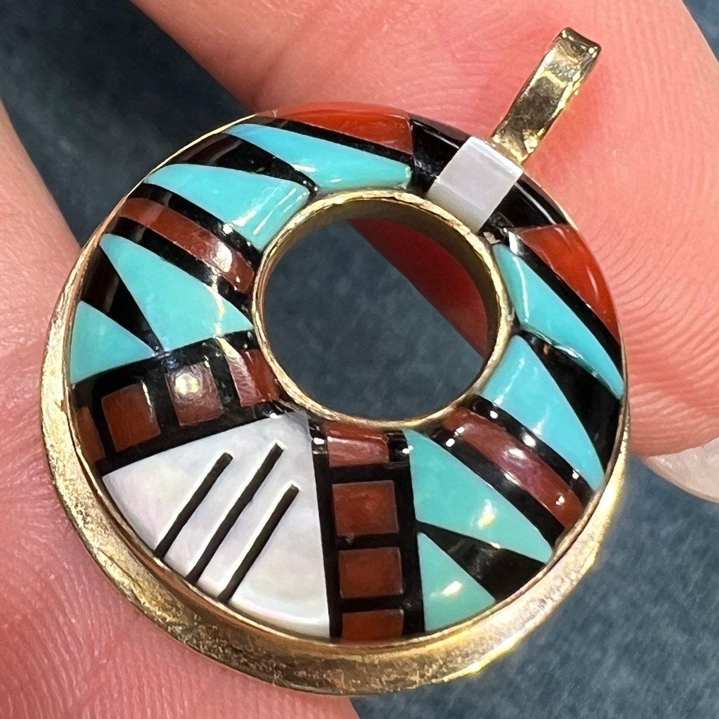 14k Gold Inlay Turquoise Coral Onyx MOP Circle Pendant. Zuni Needlepoint 1"