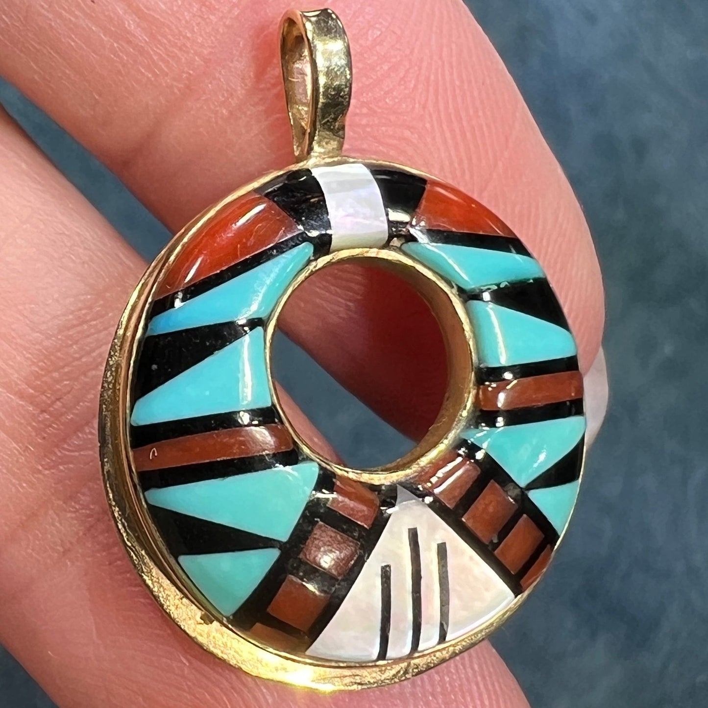 14k Gold Inlay Turquoise Coral Onyx MOP Circle Pendant. Zuni Needlepoint 1"