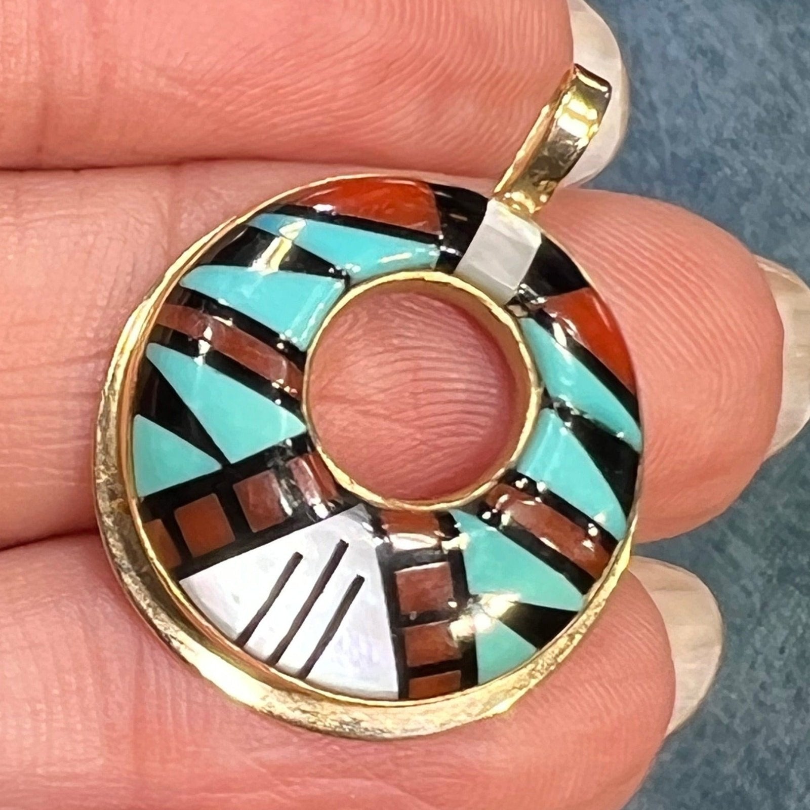 14k Gold Inlay Turquoise Coral Onyx MOP Circle Pendant. Zuni Needlepoint 1"