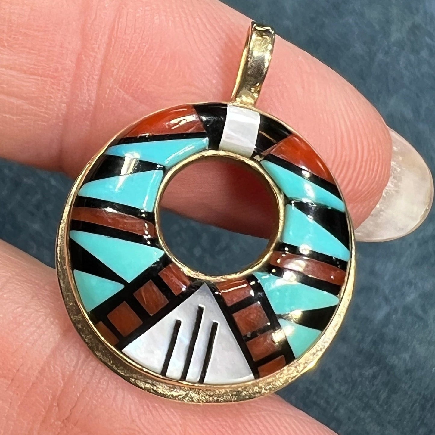 14k Gold Inlay Turquoise Coral Onyx MOP Circle Pendant. Zuni Needlepoint 1"