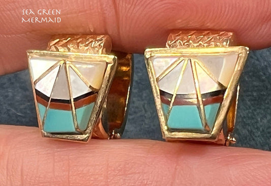 14k Gold Inlay Turquoise Huggies Sunburst Earrings. Zuni Needlepoint. 6g
