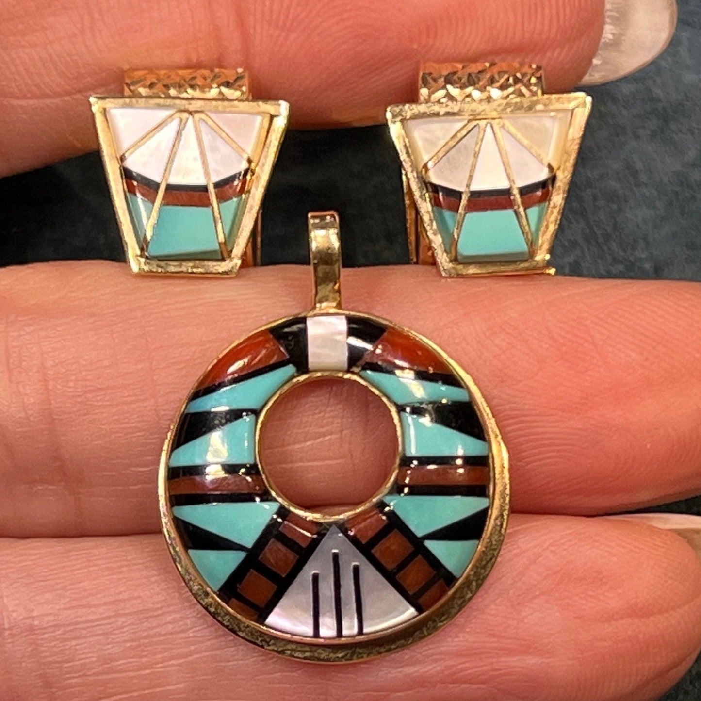 14k Gold Inlay Turquoise Huggies Sunburst Earrrings. Zuni Needlepoint. 6g