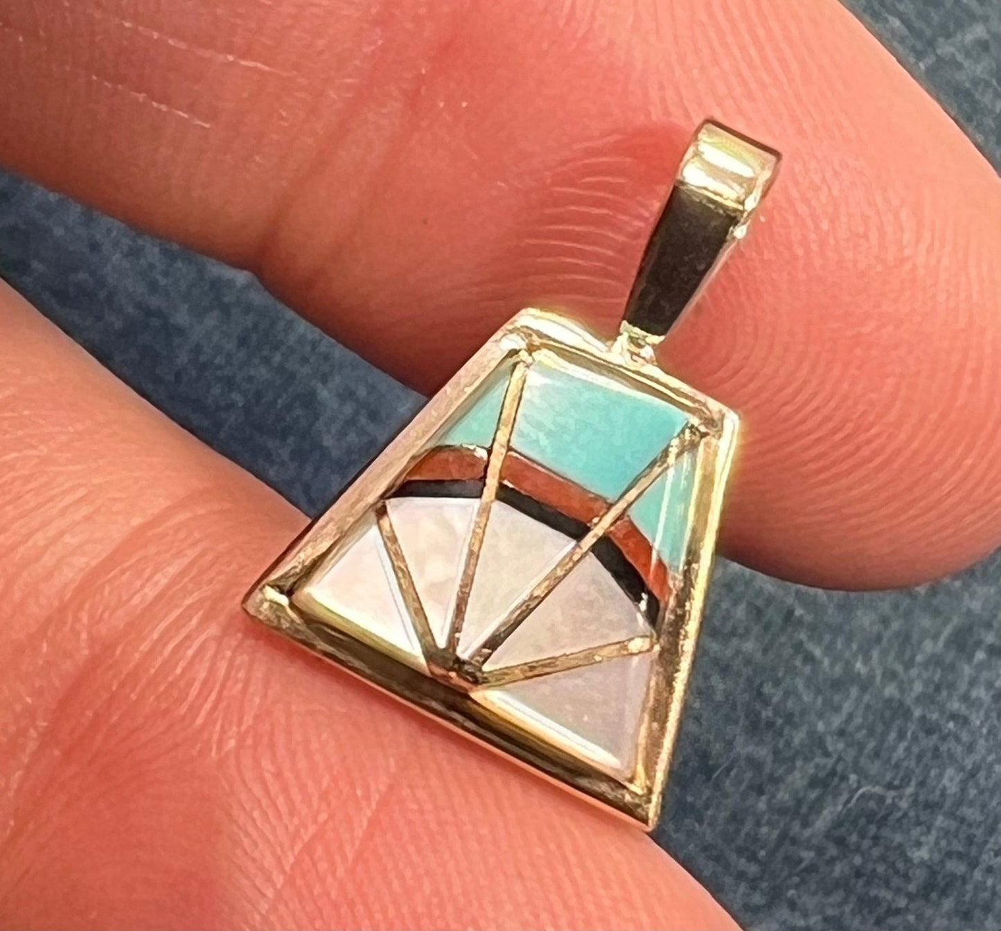 14k Gold Inlay Turquoise SUNBURST Pendant. Signed Teme