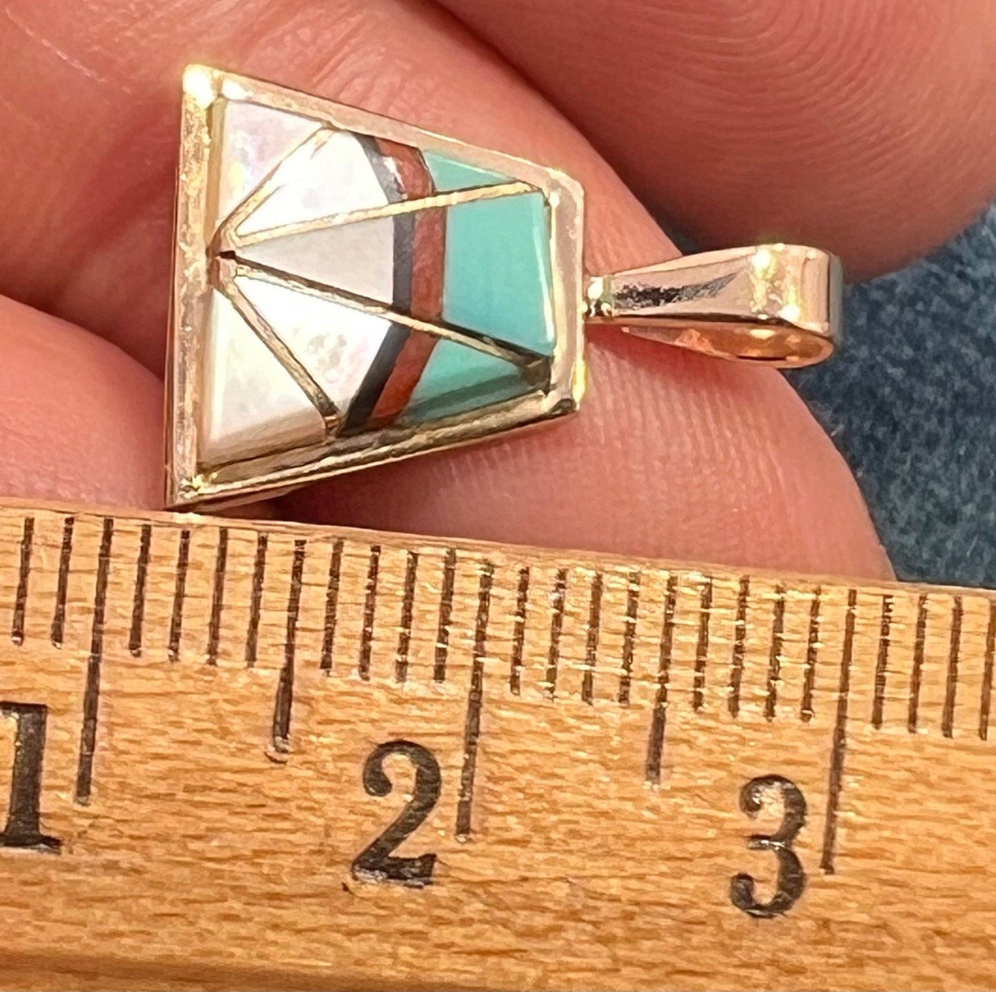 14k Gold Inlay Turquoise SUNBURST Pendant. Signed Teme