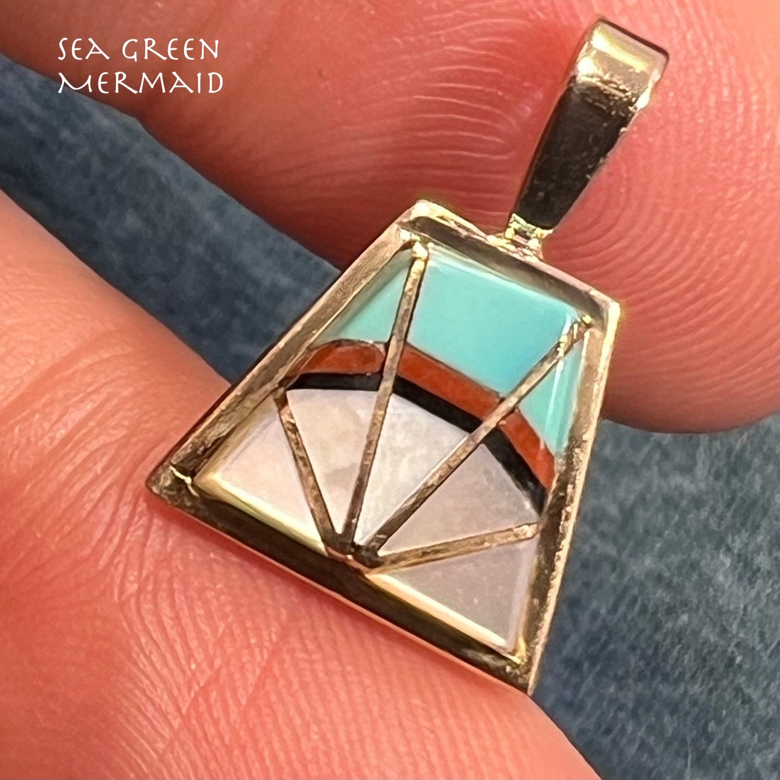 14k Gold Inlay Turquoise SUNBURST Pendant. Signed Teme