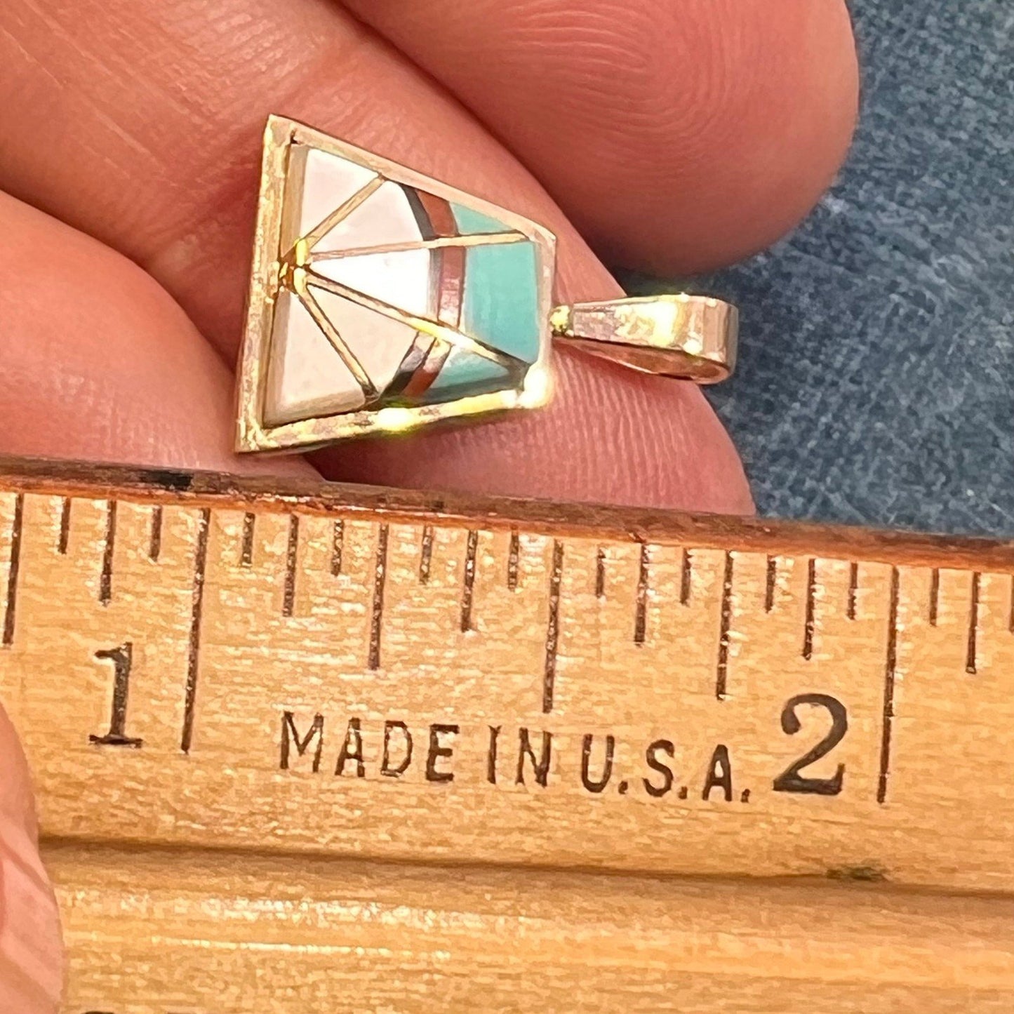 14k Gold Inlay Turquoise SUNBURST Pendant. Signed Teme