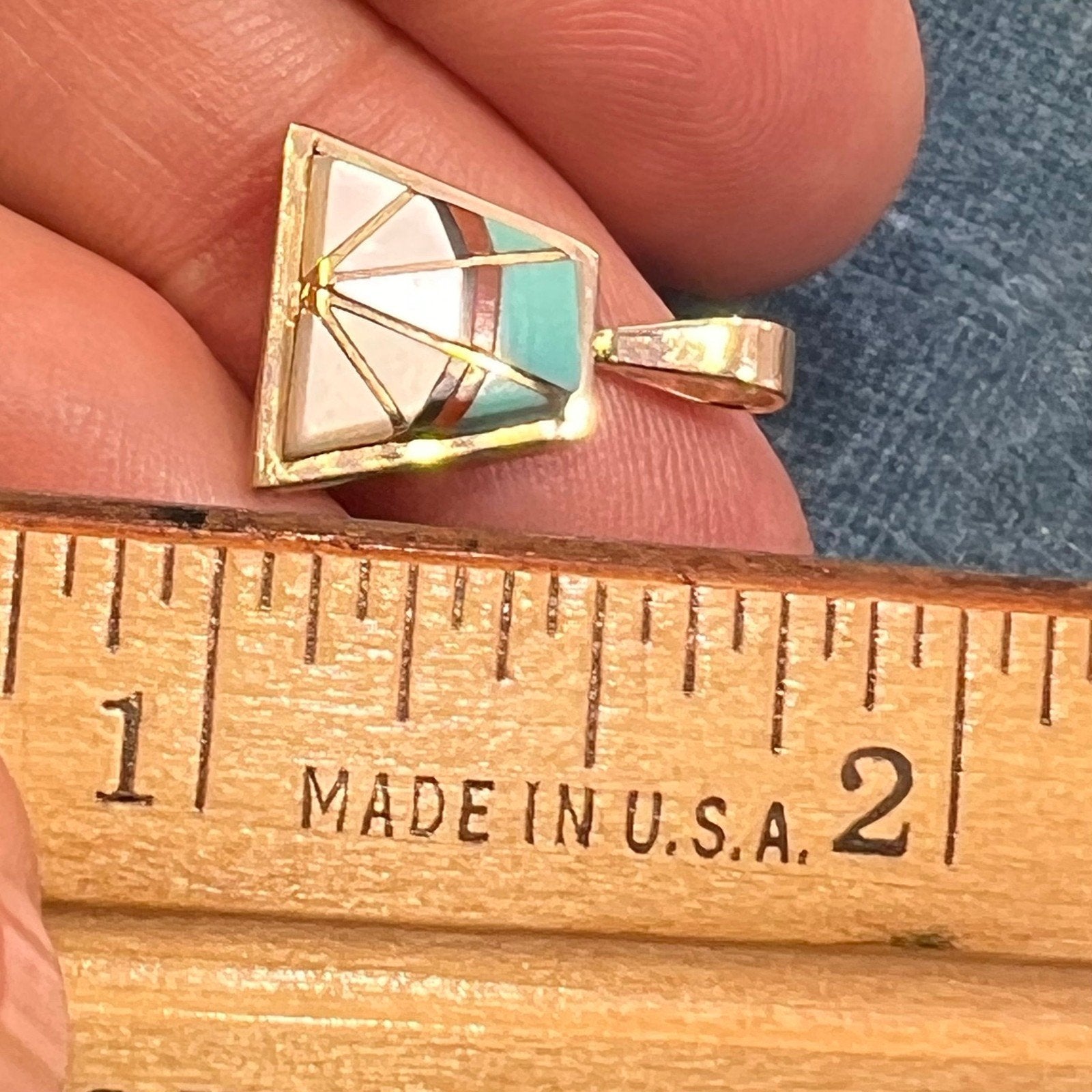 14k Gold Inlay Turquoise SUNBURST Pendant. Signed Teme