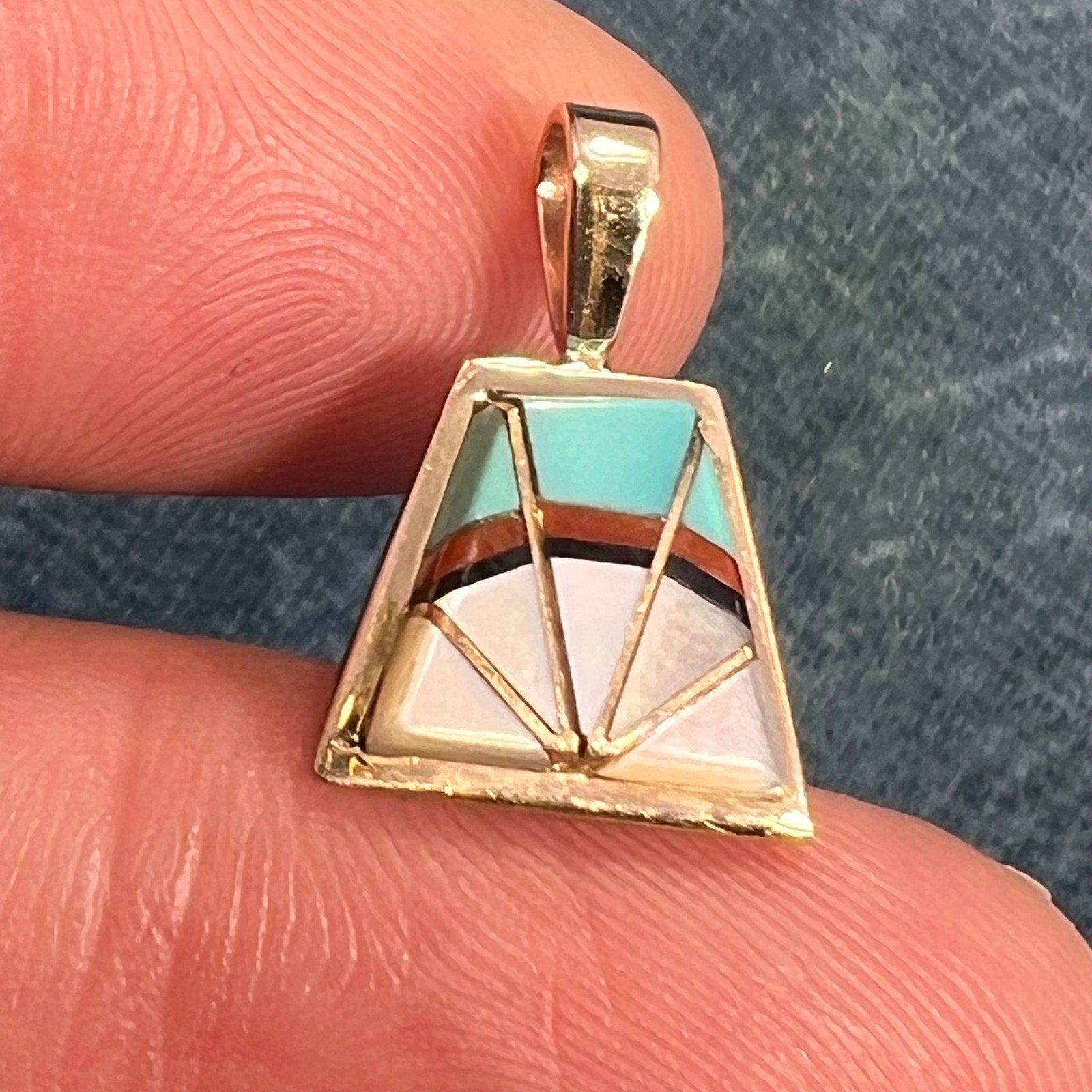 14k Gold Inlay Turquoise SUNBURST Pendant. Signed Teme