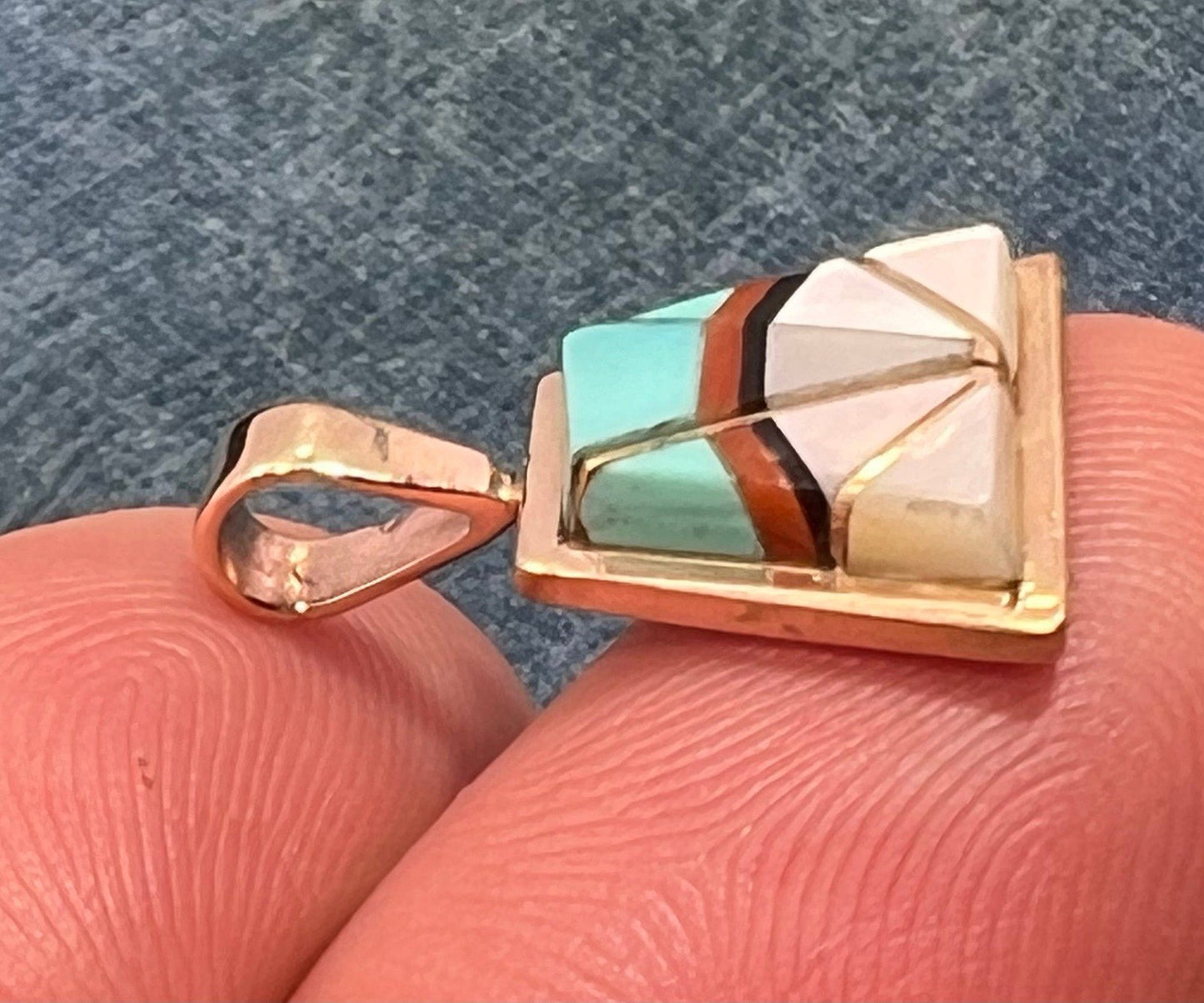 14k Gold Inlay Turquoise SUNBURST Pendant. Signed Teme