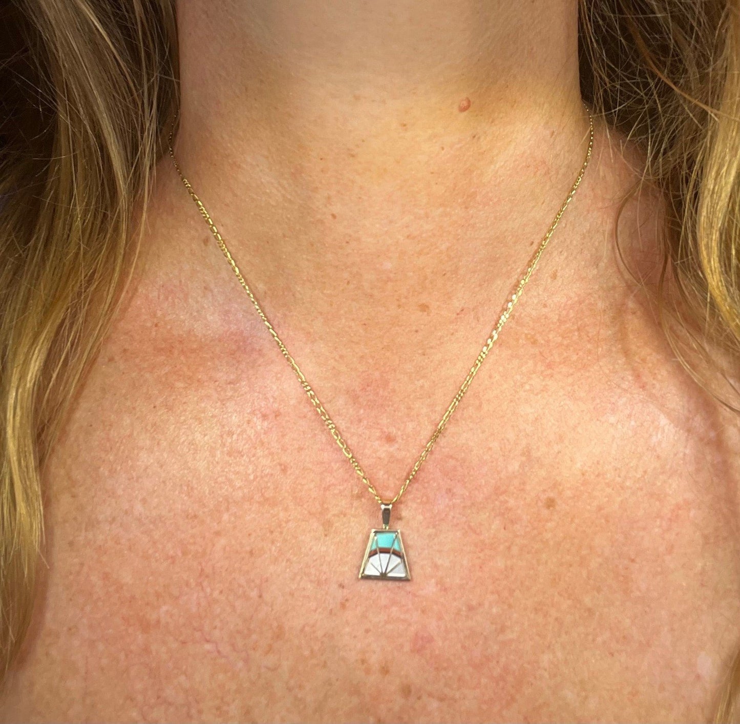 14k Gold Inlay Turquoise SUNBURST Pendant. Signed Teme