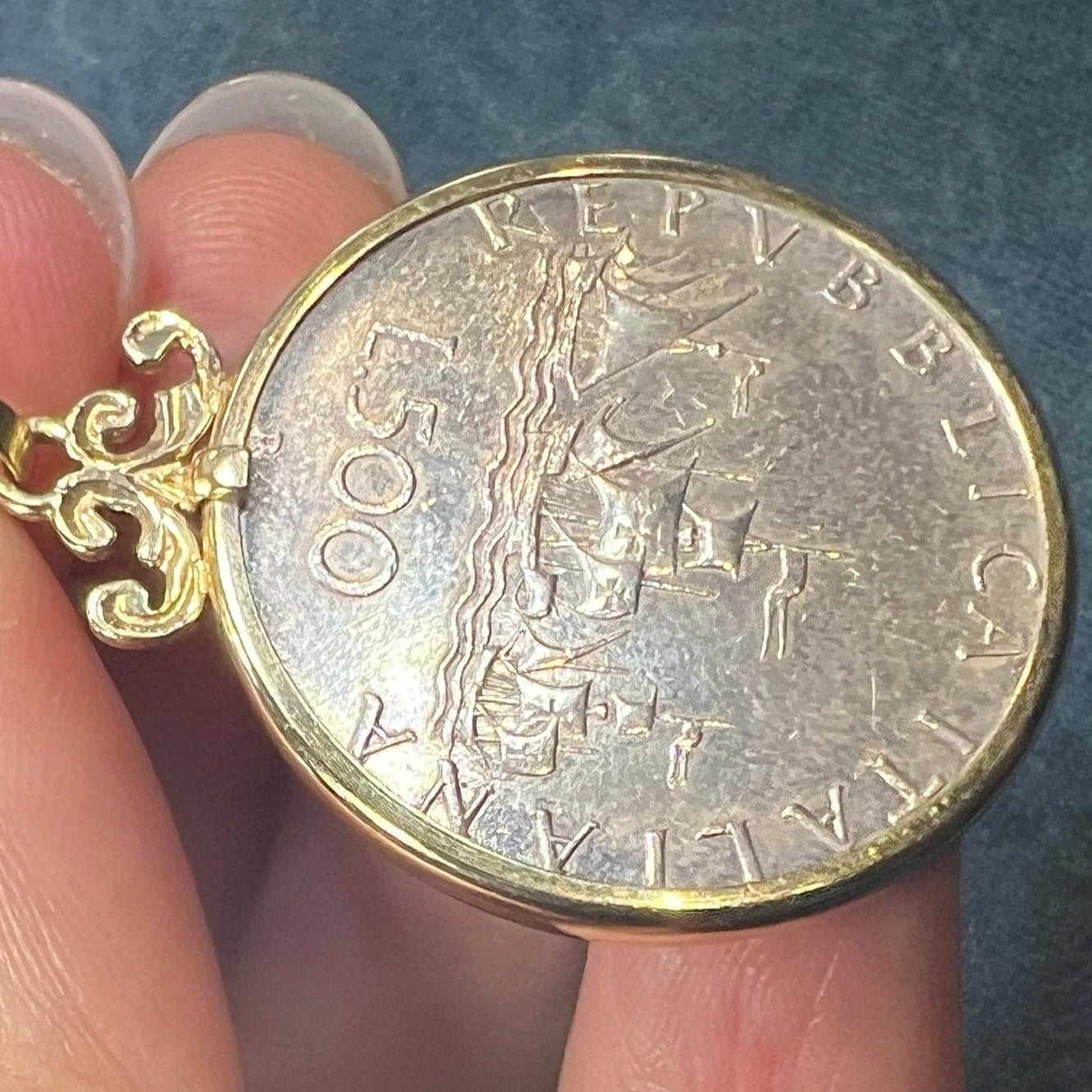 14k Gold Italian 500 Lire Coin Pendant. Pinta, Nina + Santa Maria Ships