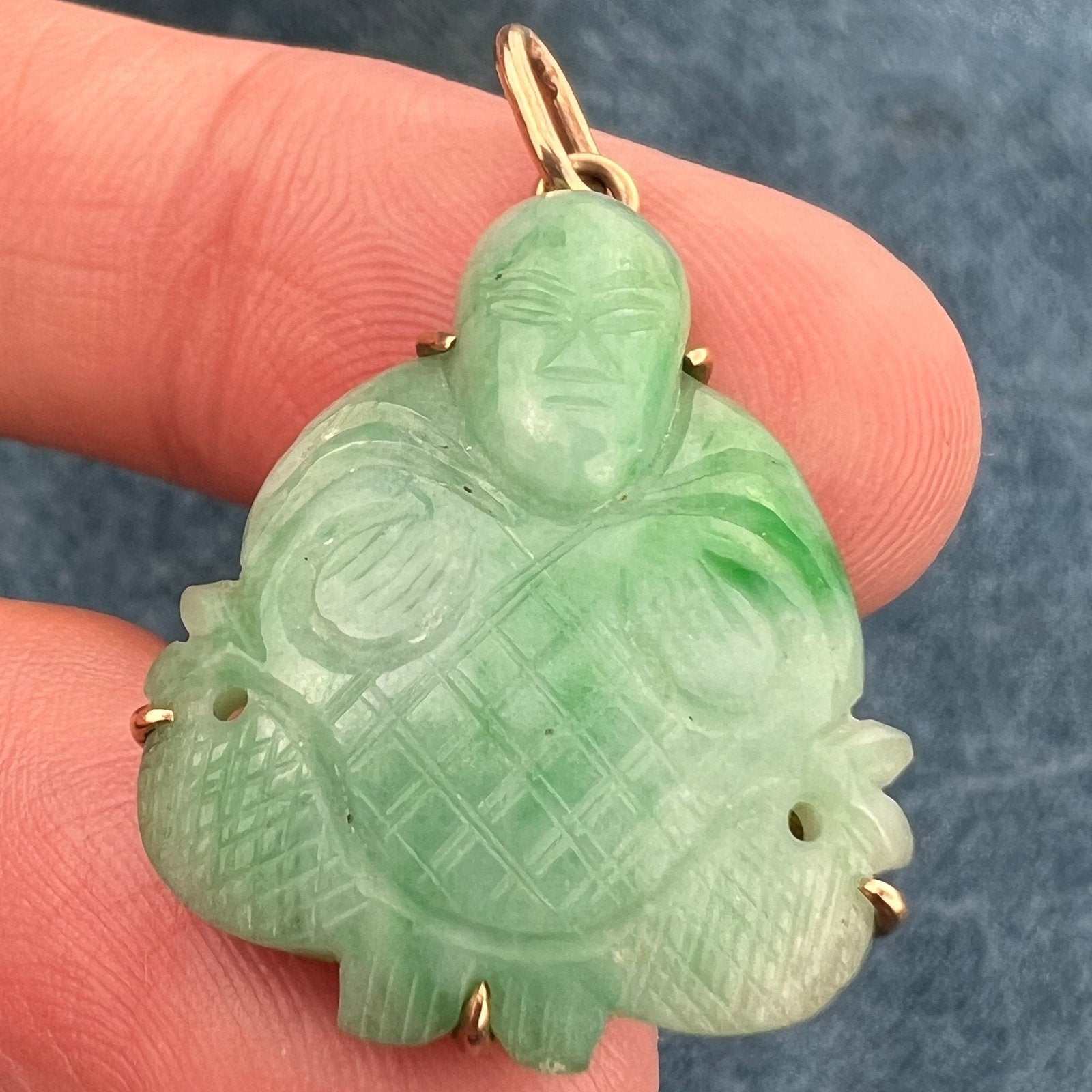 14k Gold Jade Carved Good Luck "Gift Giving" Buddha Pendant. 1" + 5.7g